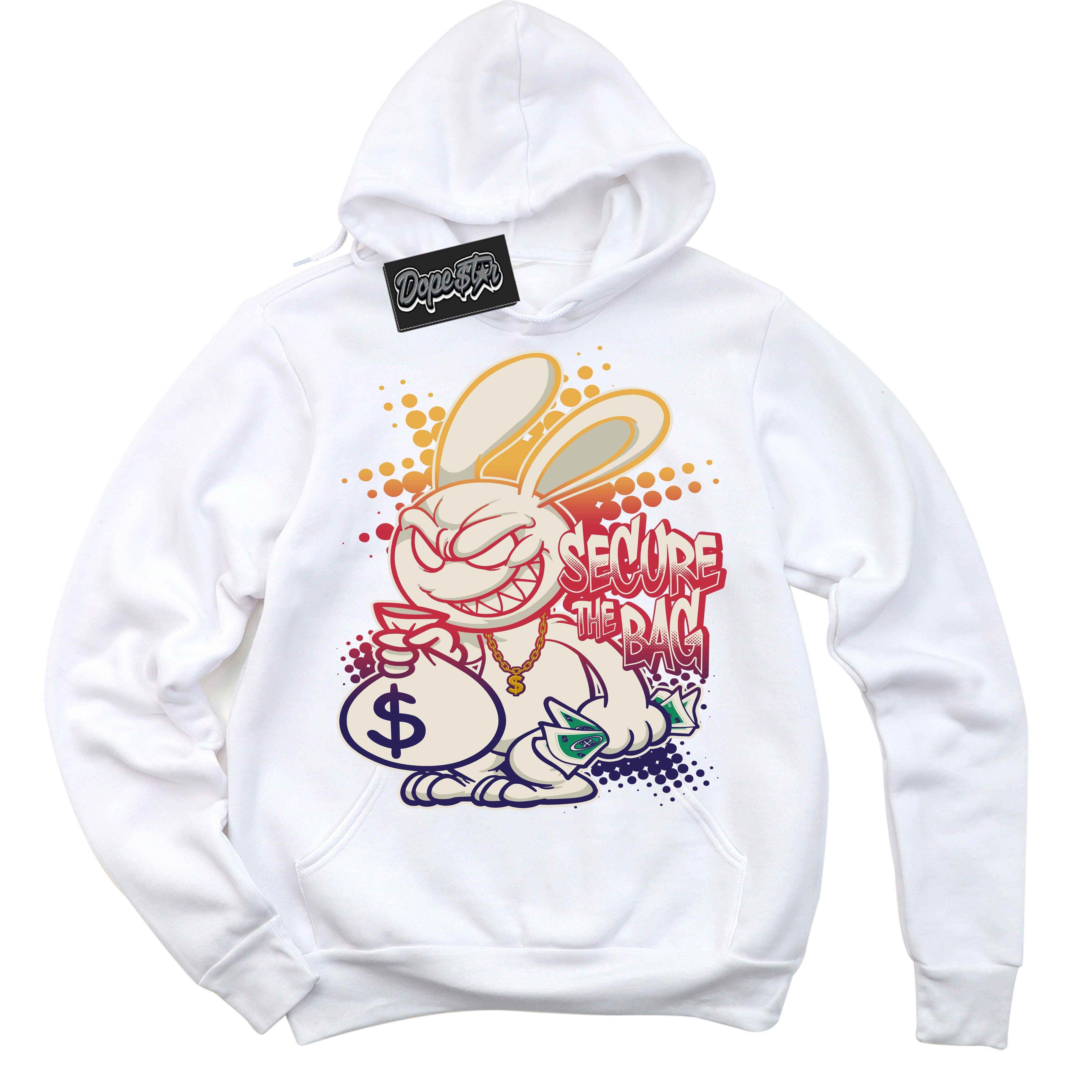 Cool White Hoodie with “ Secure The Bag ”  design that Perfectly Matches J Balvin Sunset 3s Jordans.