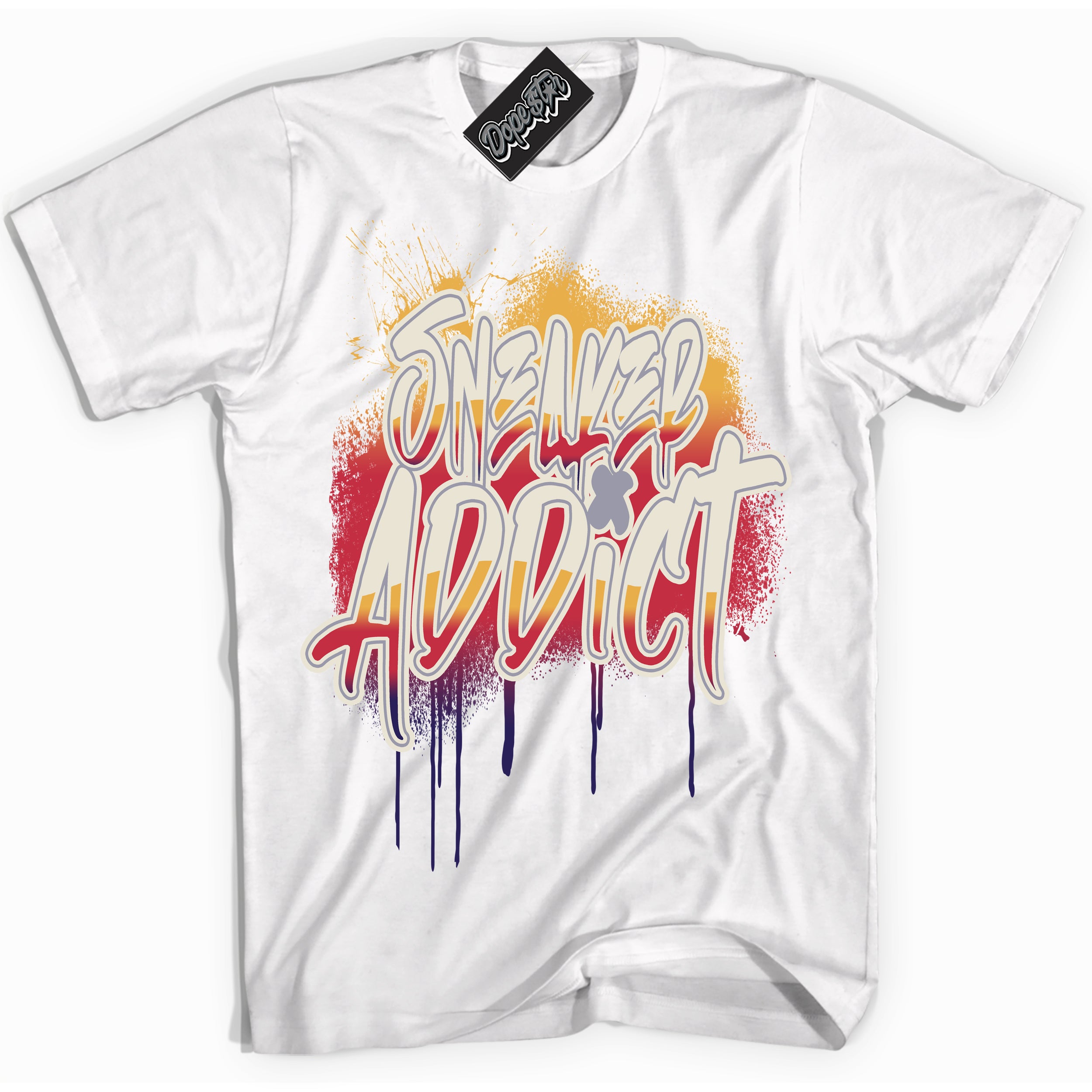 Cool White Shirt with “ Sneaker Addict” design that perfectly matches J Balvin Sunset 3s Jordans.