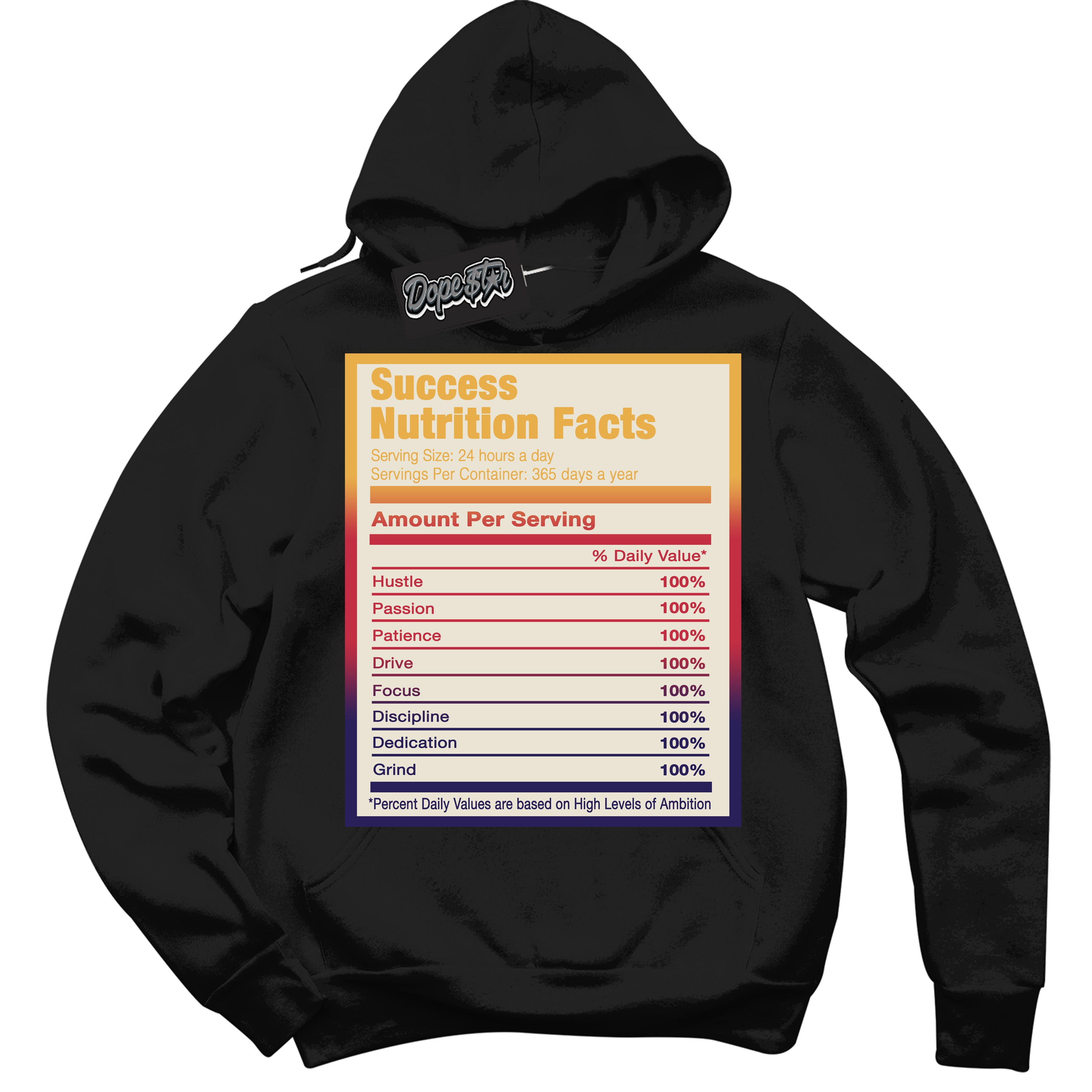 Cool Black Hoodie with “ Success Nutrition ”  design that Perfectly Matches J Balvin Sunset 3s Jordans.