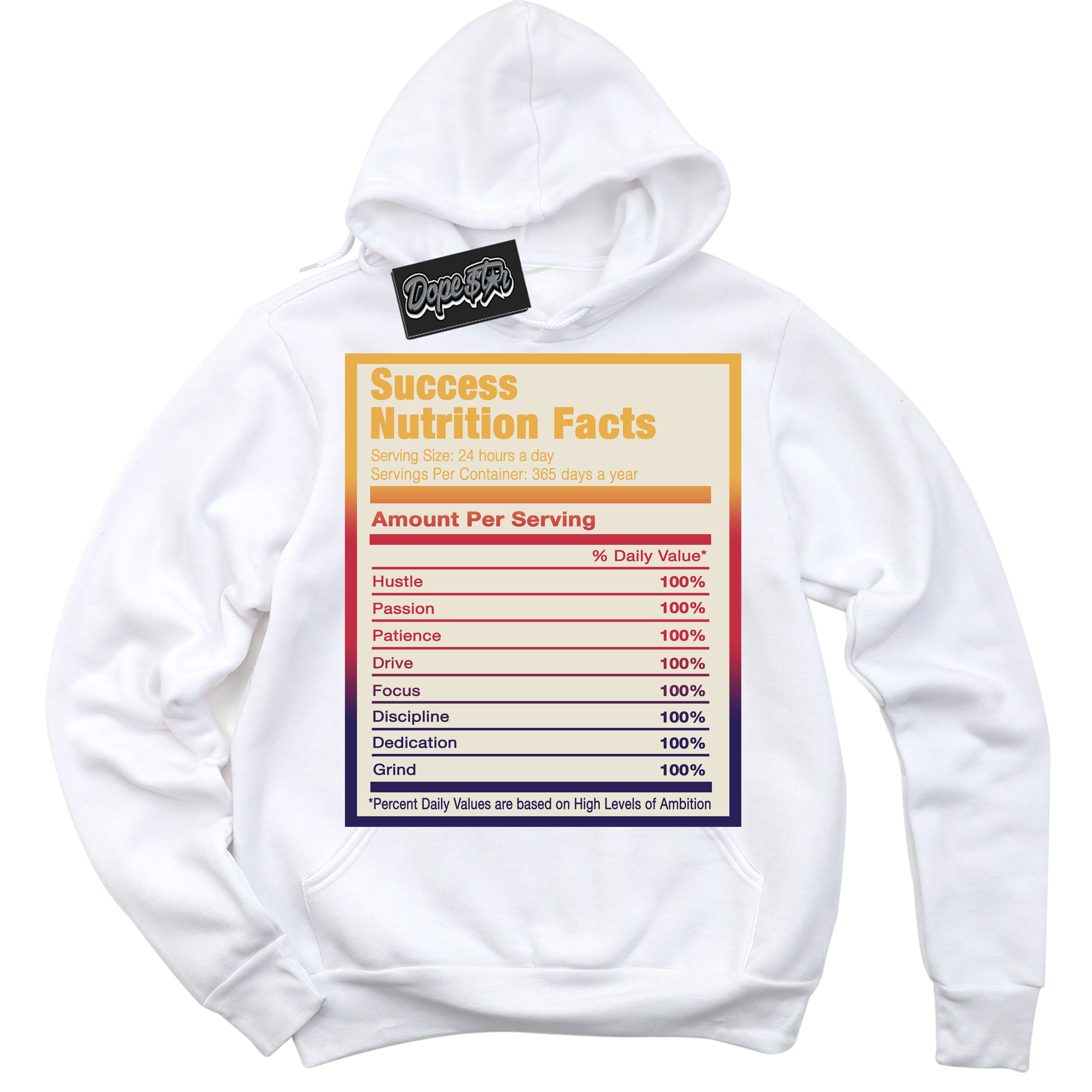 Cool White Hoodie with “ Success Nutrition ”  design that Perfectly Matches J Balvin Sunset 3s Jordans.