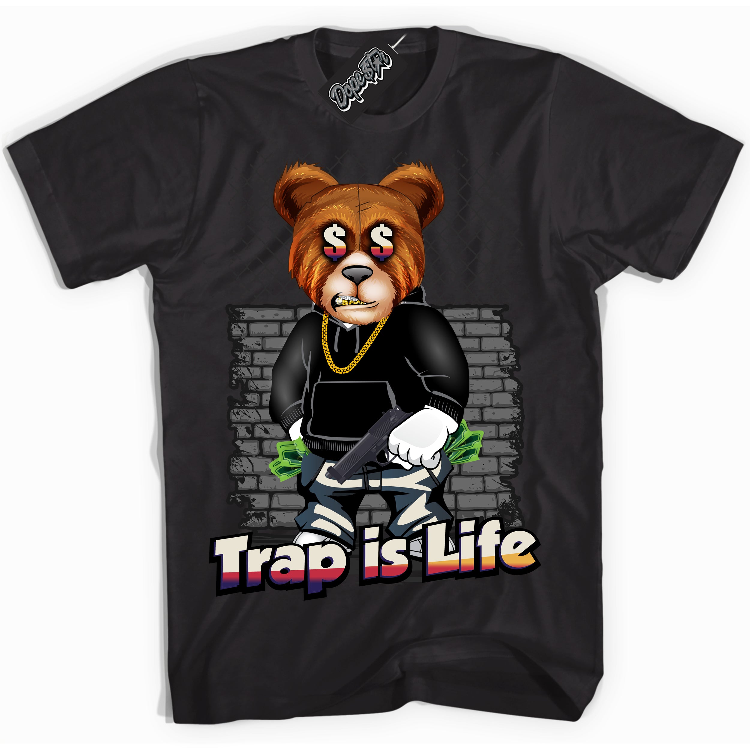 Cool Black Shirt with “ Trap Is Life” design that perfectly matches J Balvin Sunset 3s Jordans.