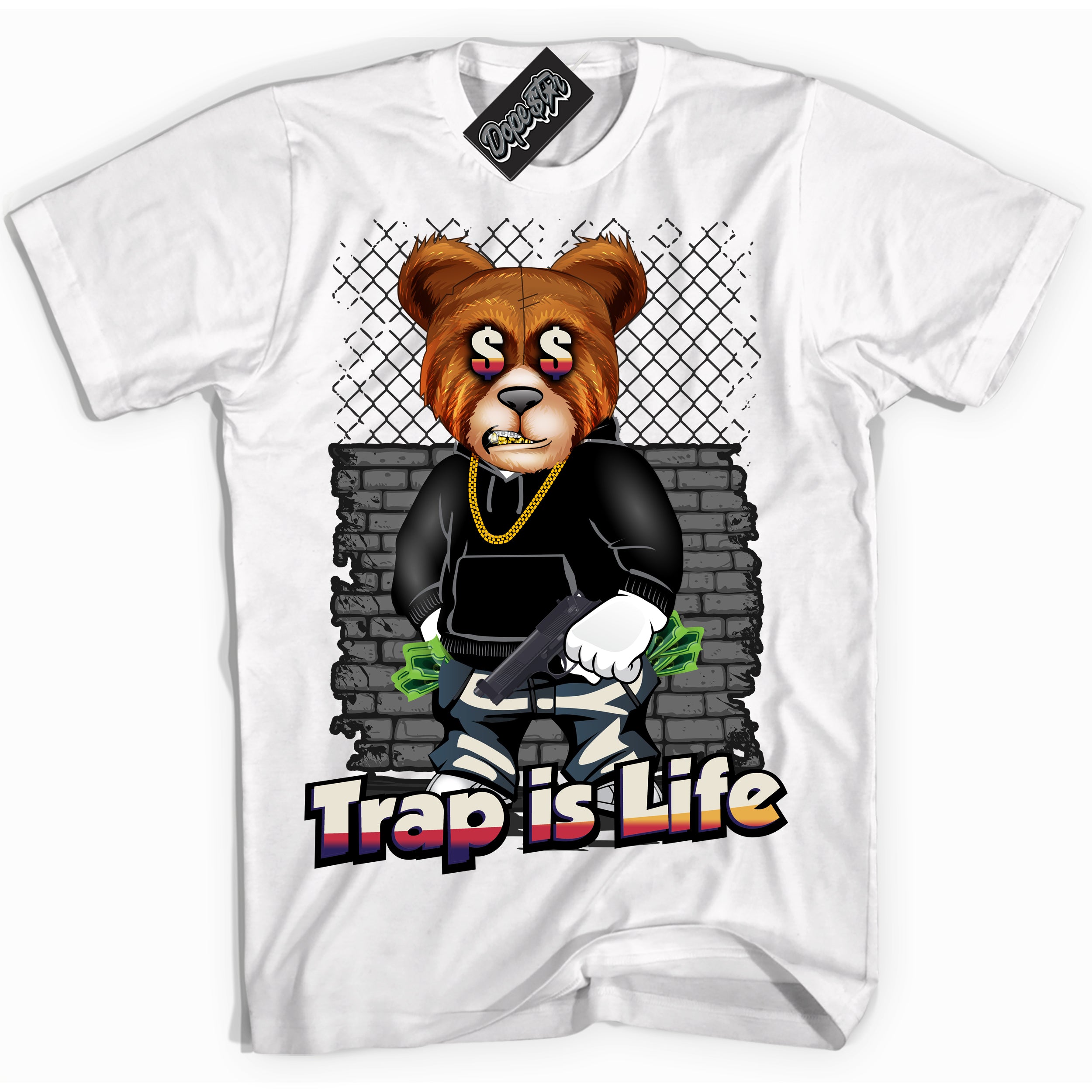 Cool White Shirt with “ Trap Is Life” design that perfectly matches J Balvin Sunset 3s Jordans.