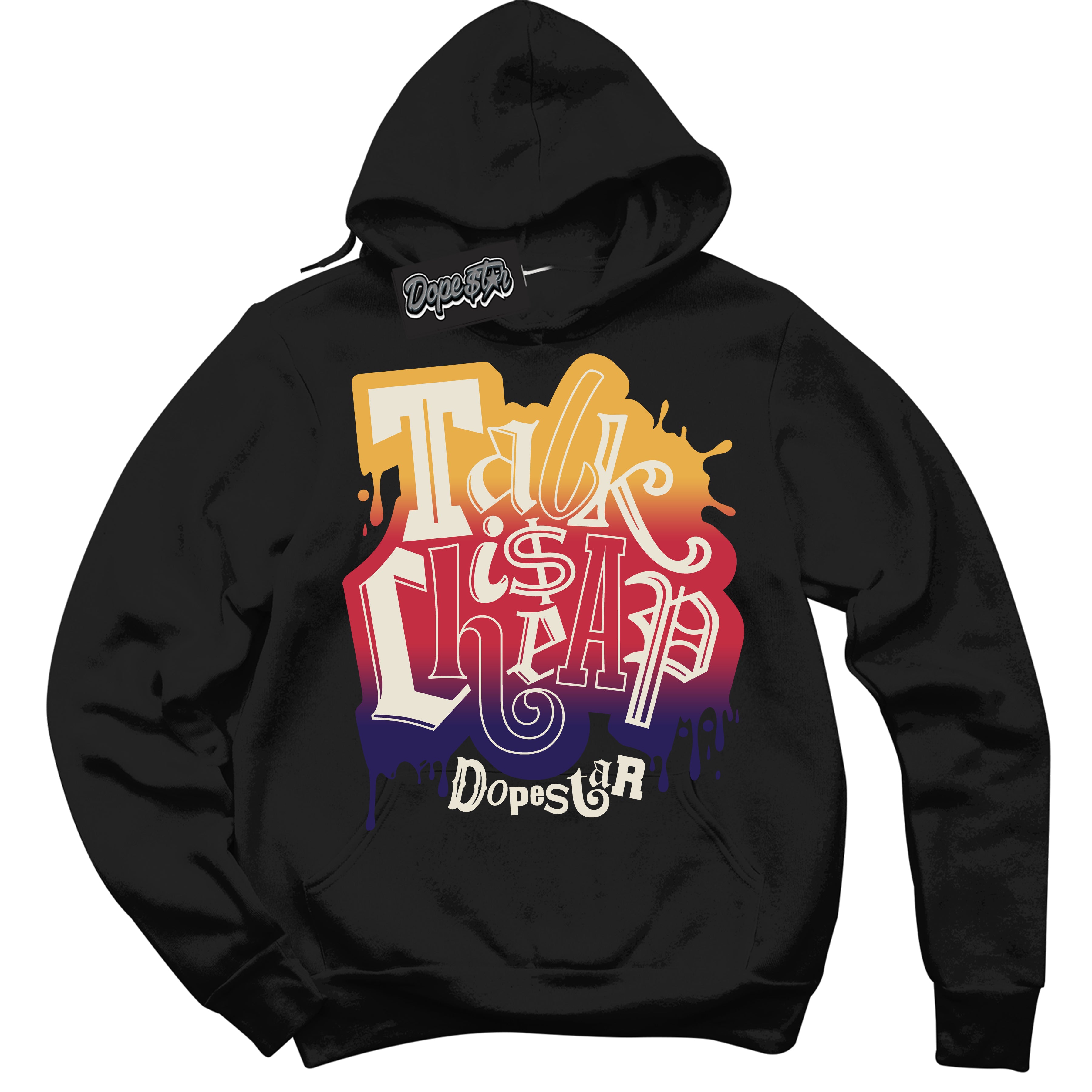 Cool Black Hoodie with “ Talk Is Cheap ”  design that Perfectly Matches J Balvin Sunset 3s Jordans.