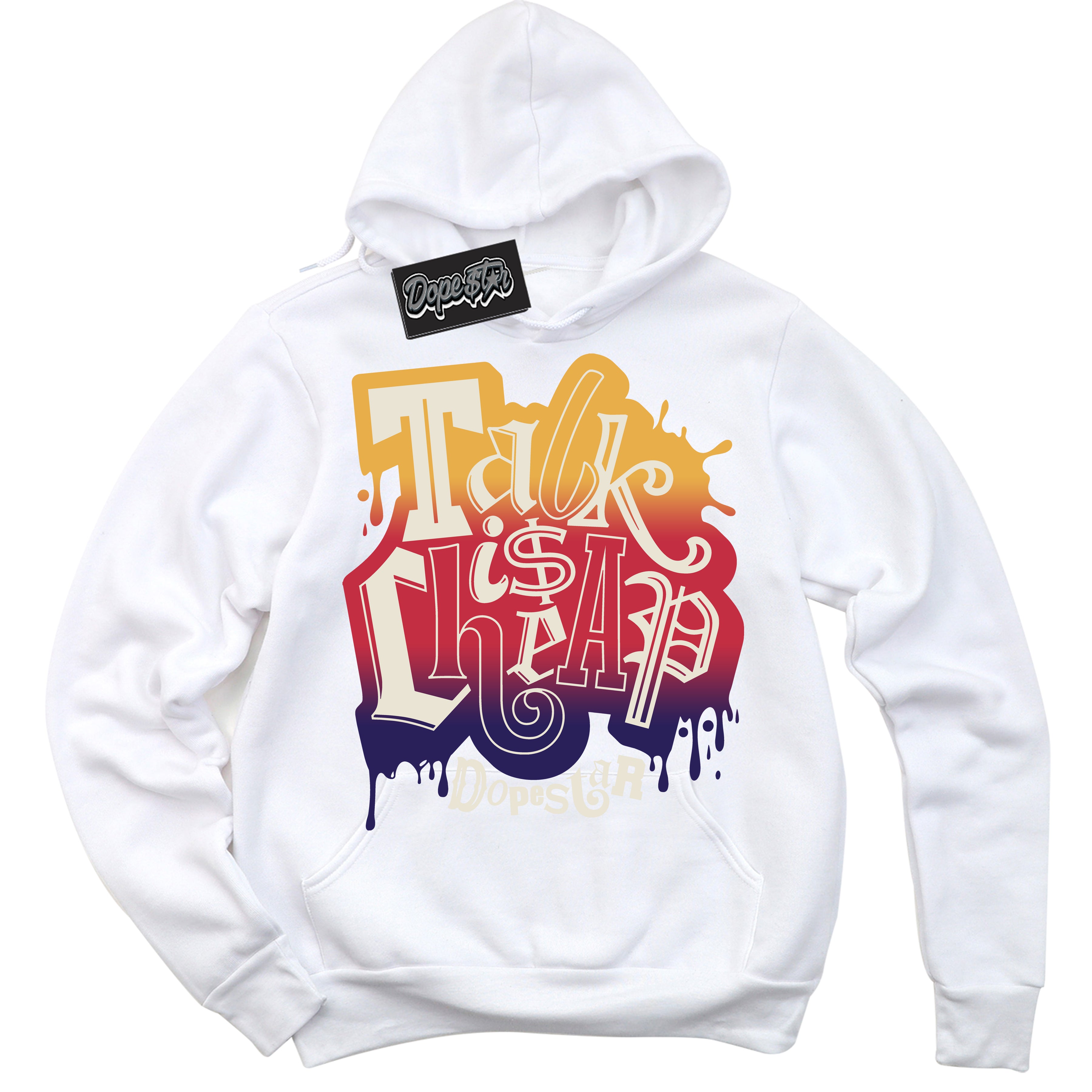 Cool White Hoodie with “ Talk Is Cheap ”  design that Perfectly Matches J Balvin Sunset 3s Jordans.