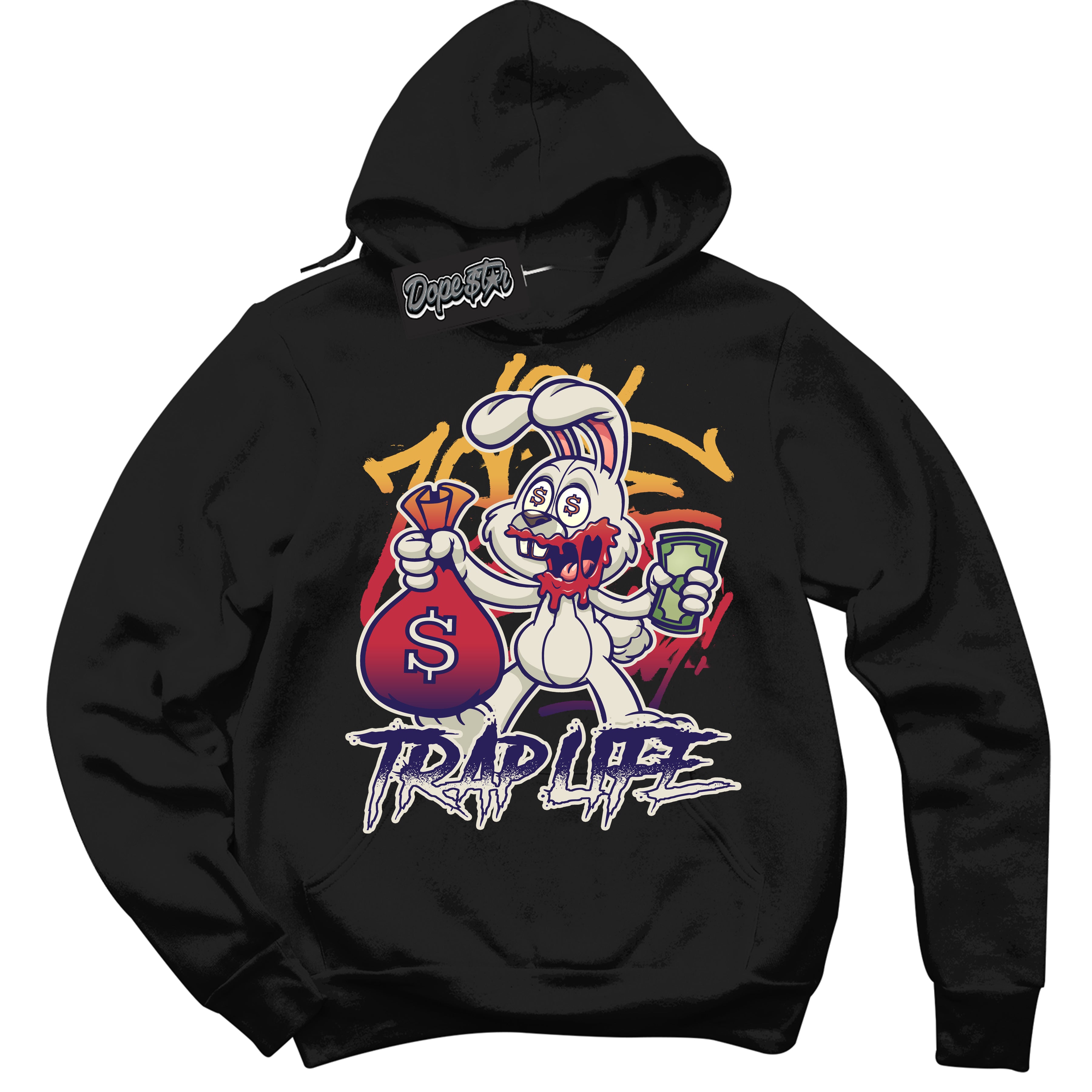 Cool Black Hoodie with “ Trap Rabbit ”  design that Perfectly Matches J Balvin Sunset 3s Jordans.