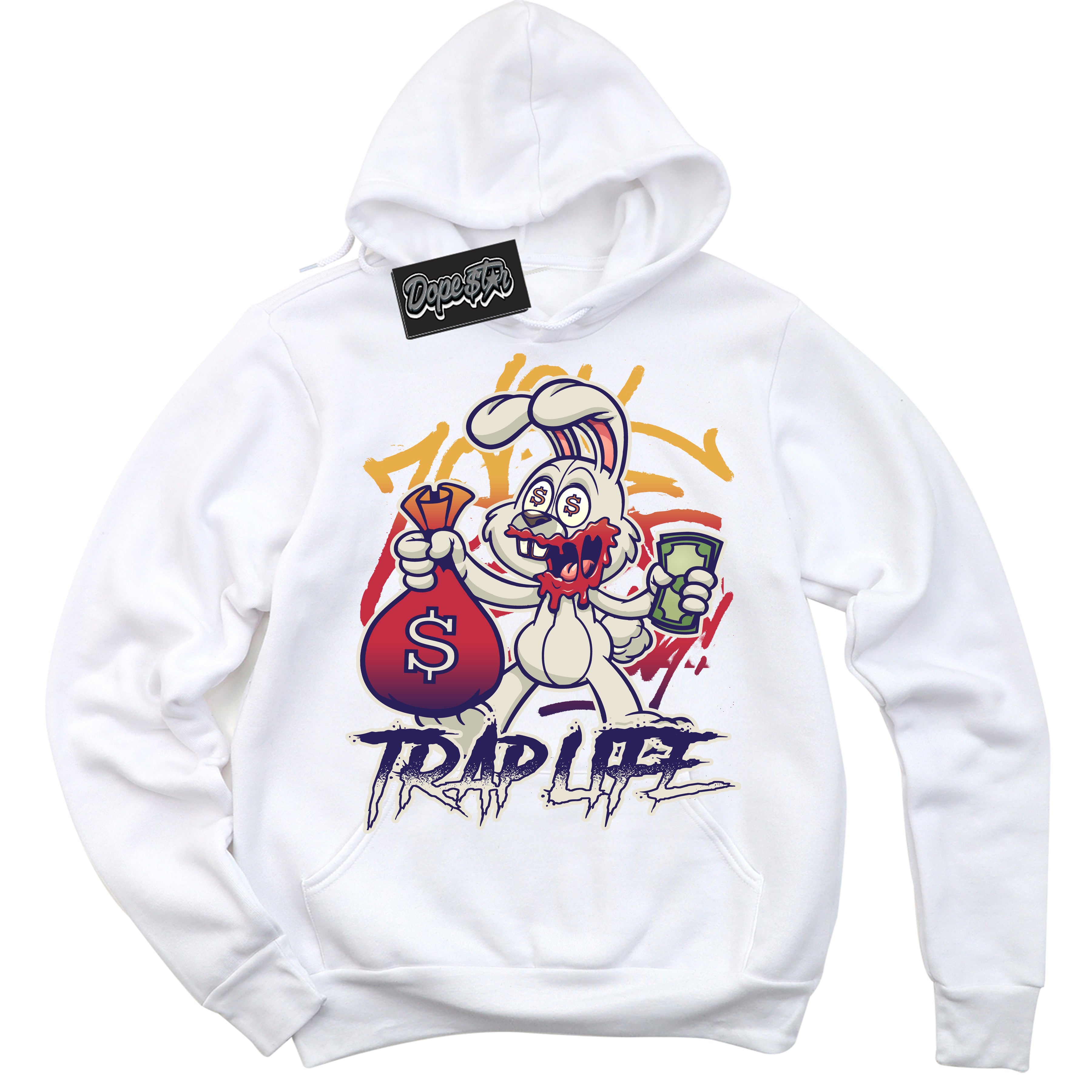 Cool White Hoodie with “ Trap Rabbit ”  design that Perfectly Matches J Balvin Sunset 3s Jordans.