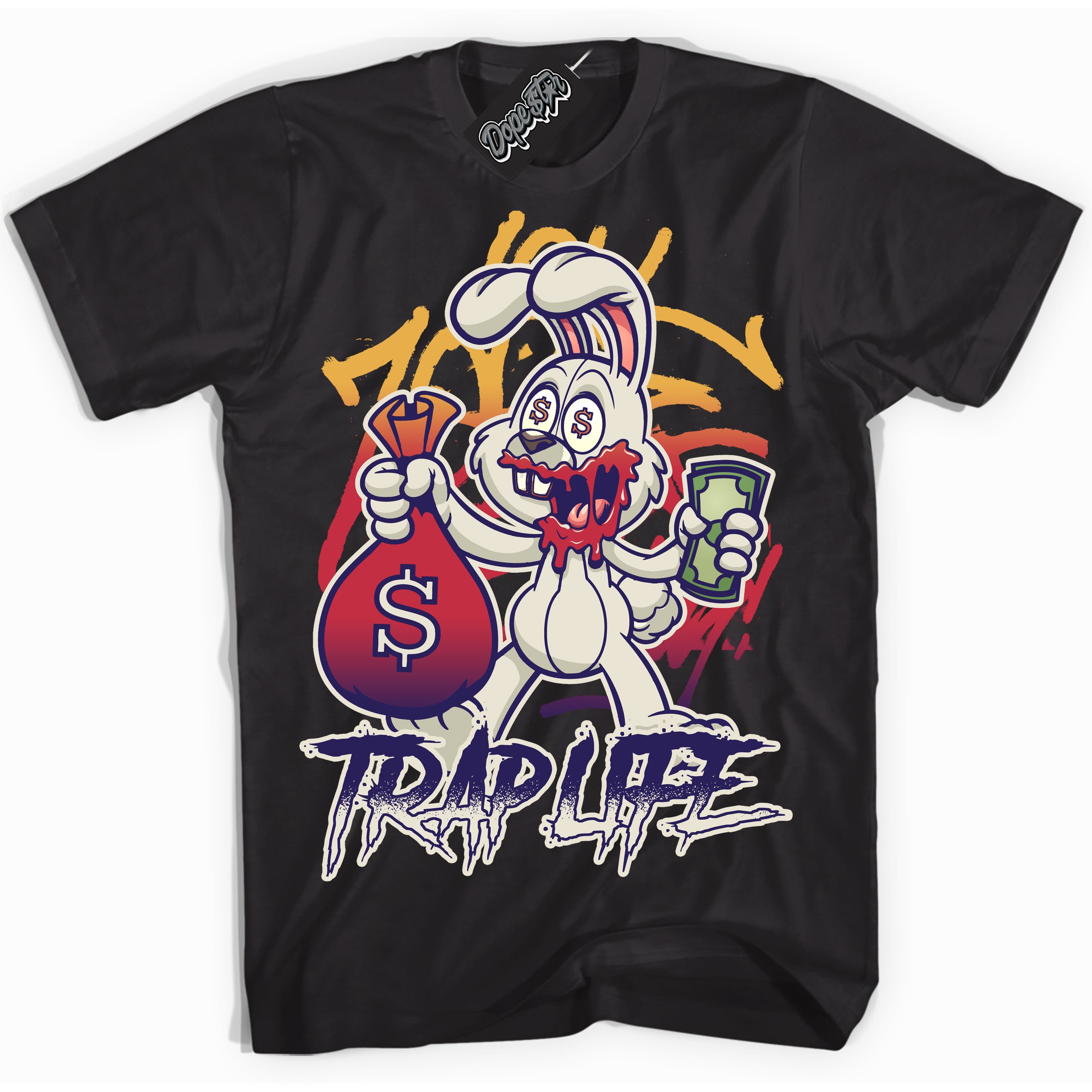 Cool Black Shirt with “ Trap Rabbit” design that perfectly matches J Balvin Sunset 3s Jordans.