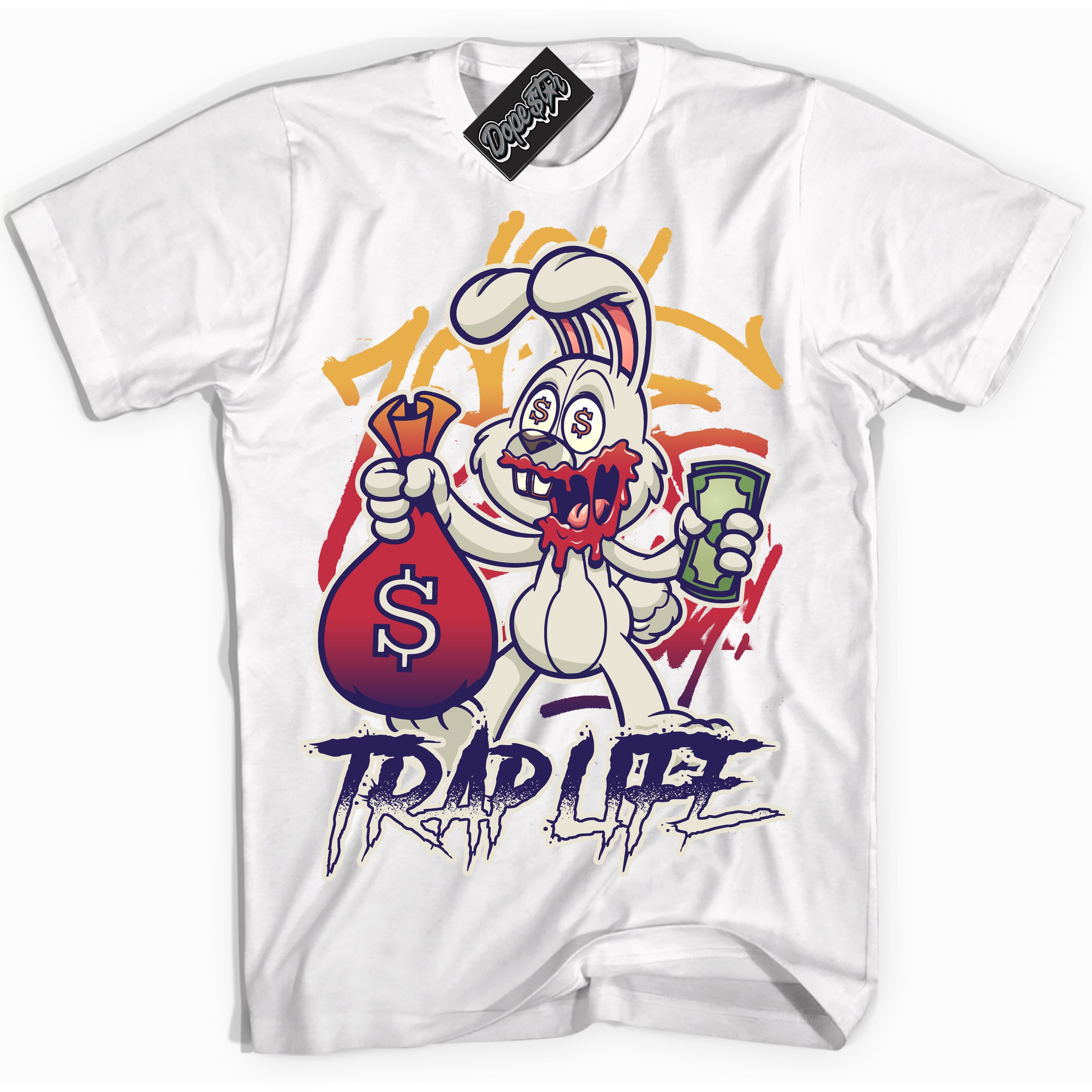 Cool White Shirt with “ Trap Rabbit” design that perfectly matches J Balvin Sunset 3s Jordans.