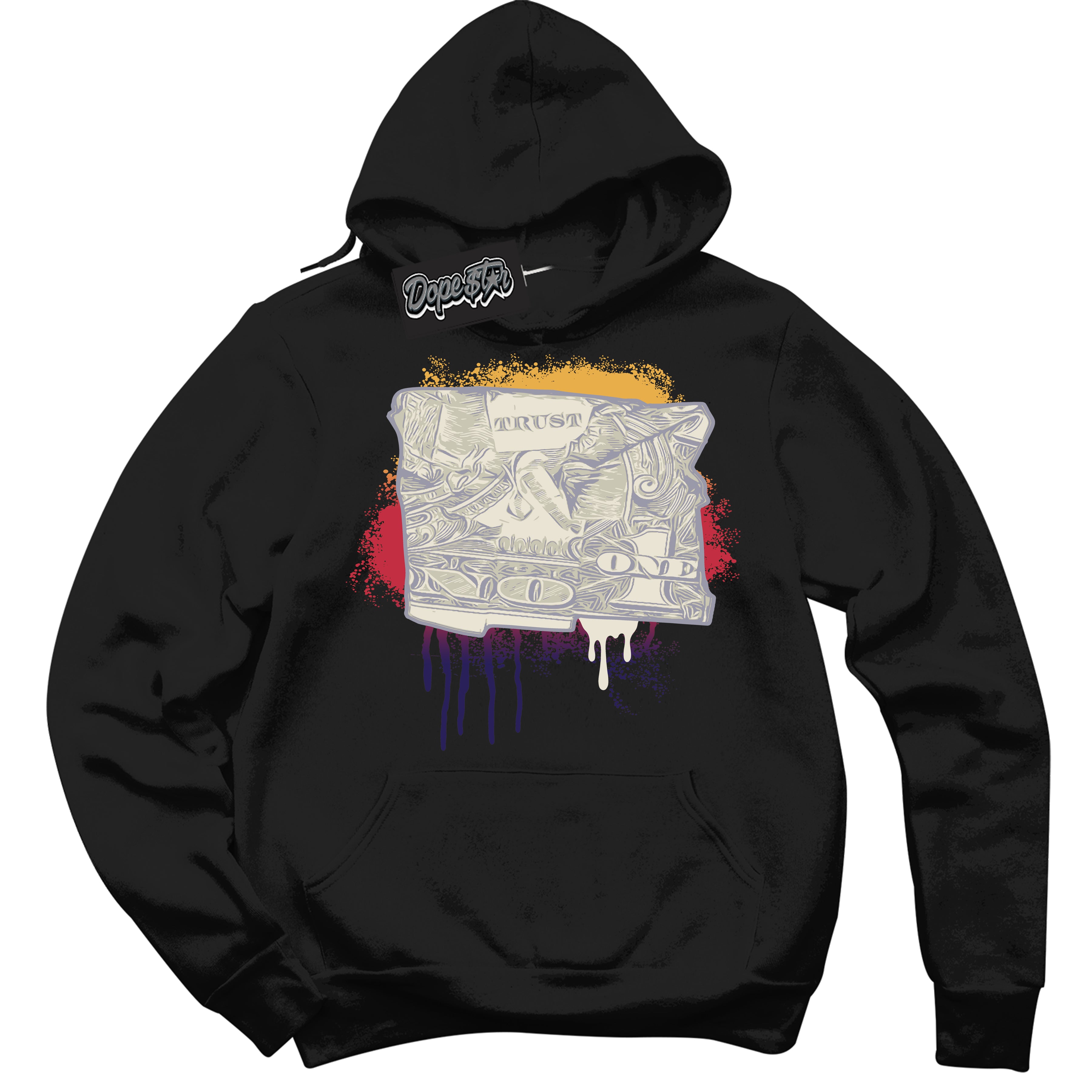 Cool Black Hoodie with “ Trust No One Dollar ”  design that Perfectly Matches J Balvin Sunset 3s Jordans.