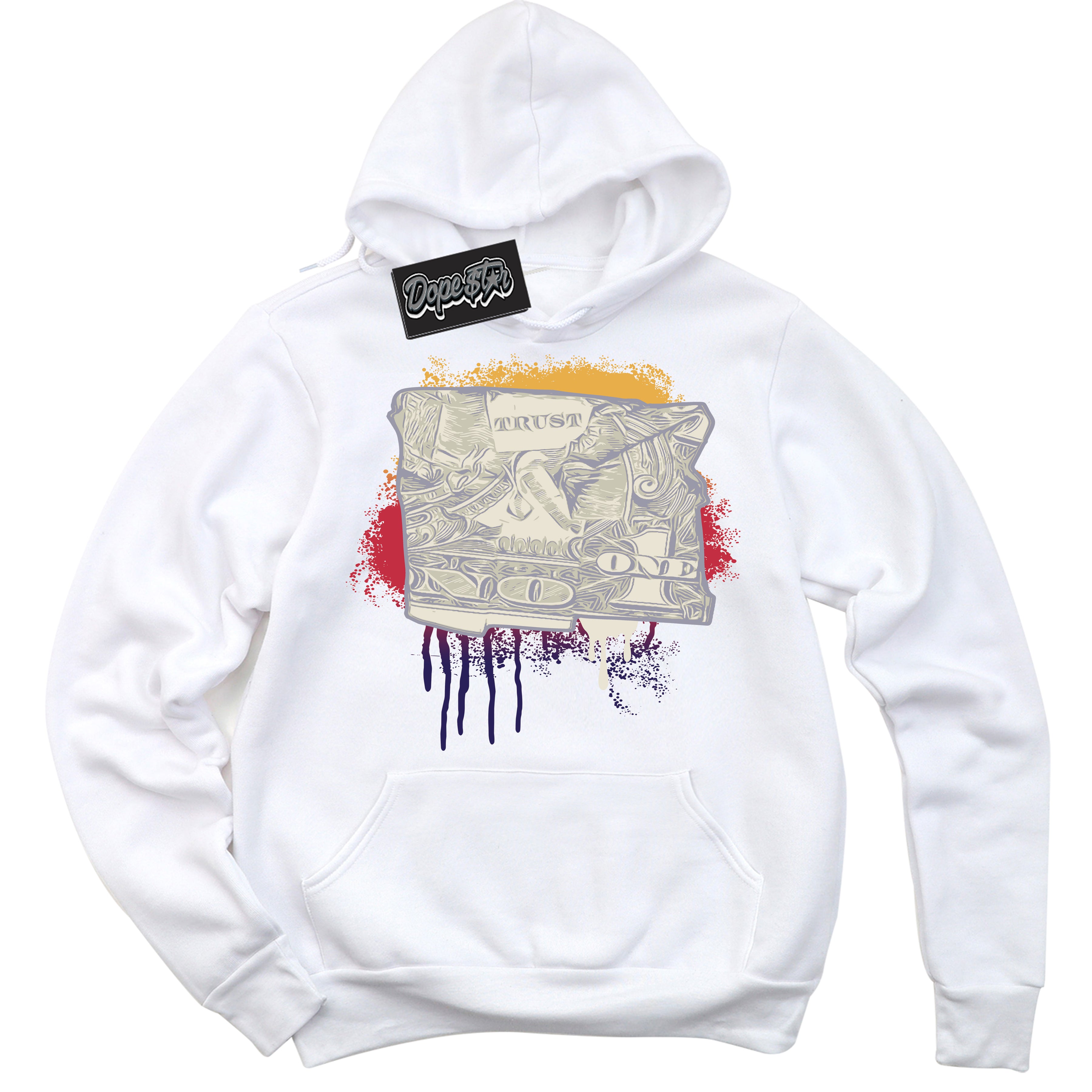 Cool White Hoodie with “ Trust No One Dollar ”  design that Perfectly Matches J Balvin Sunset 3s Jordans.