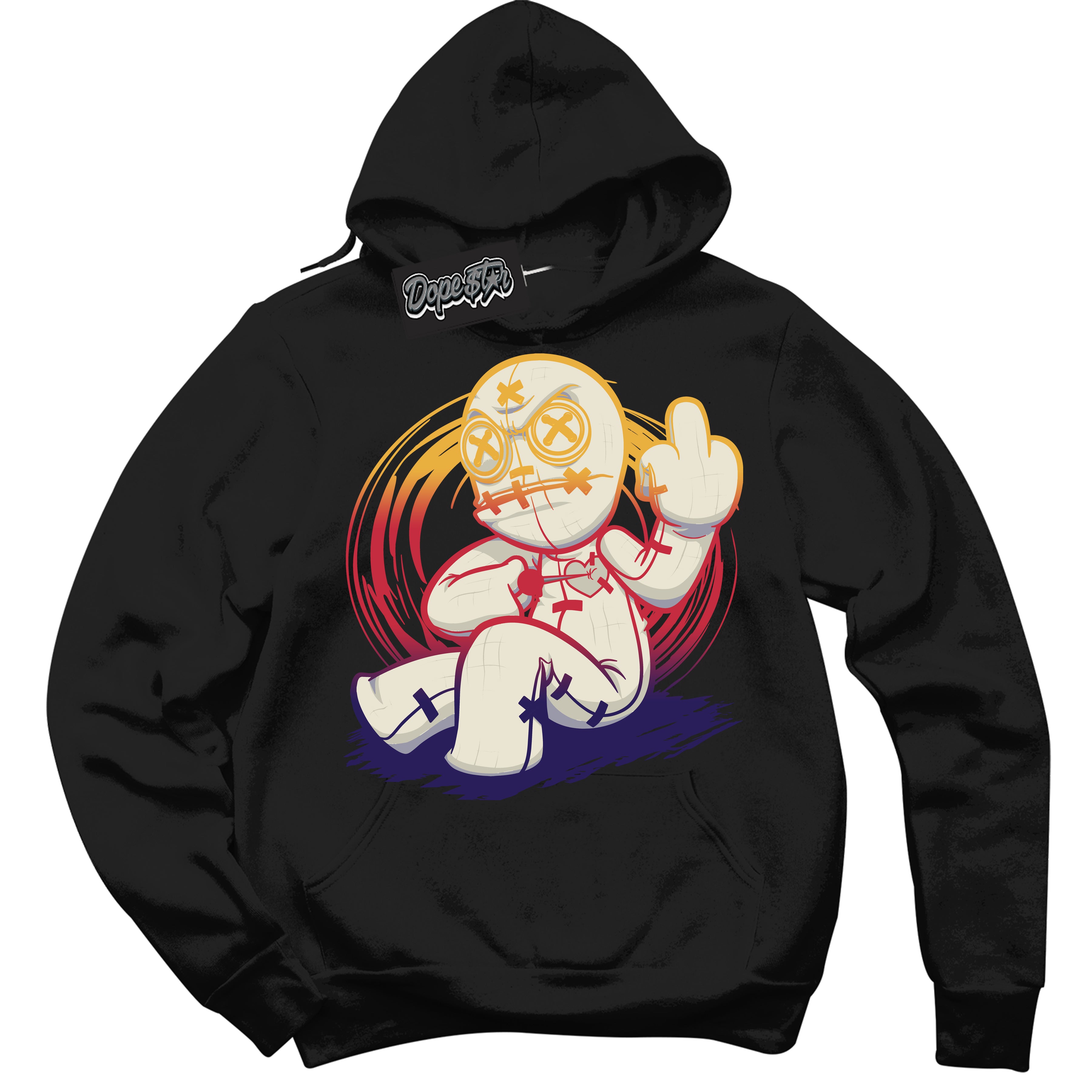 Cool Black Hoodie with “ VooDoo Doll ”  design that Perfectly Matches J Balvin Sunset 3s Jordans.