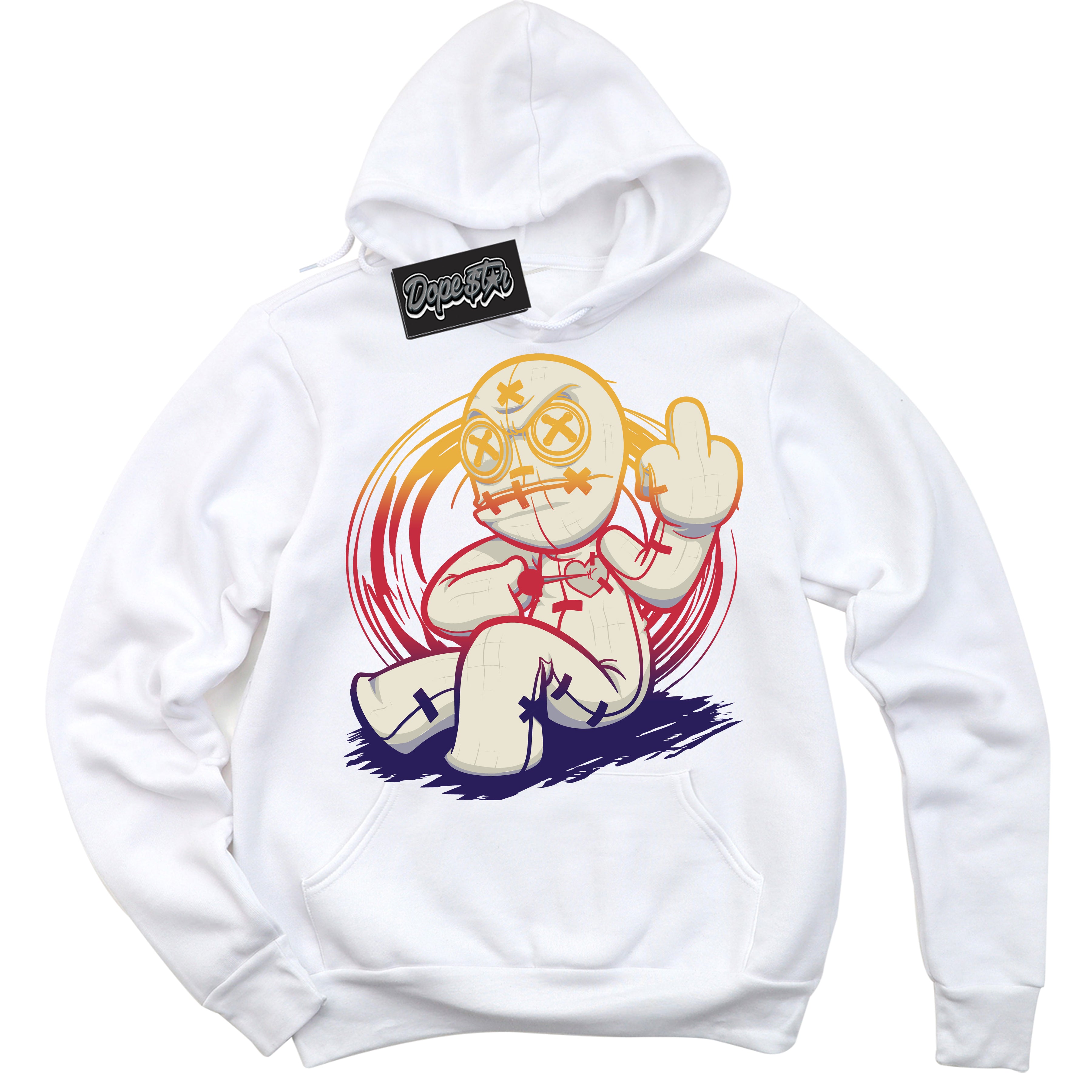 Cool White Hoodie with “ VooDoo Doll ”  design that Perfectly Matches J Balvin Sunset 3s Jordans.