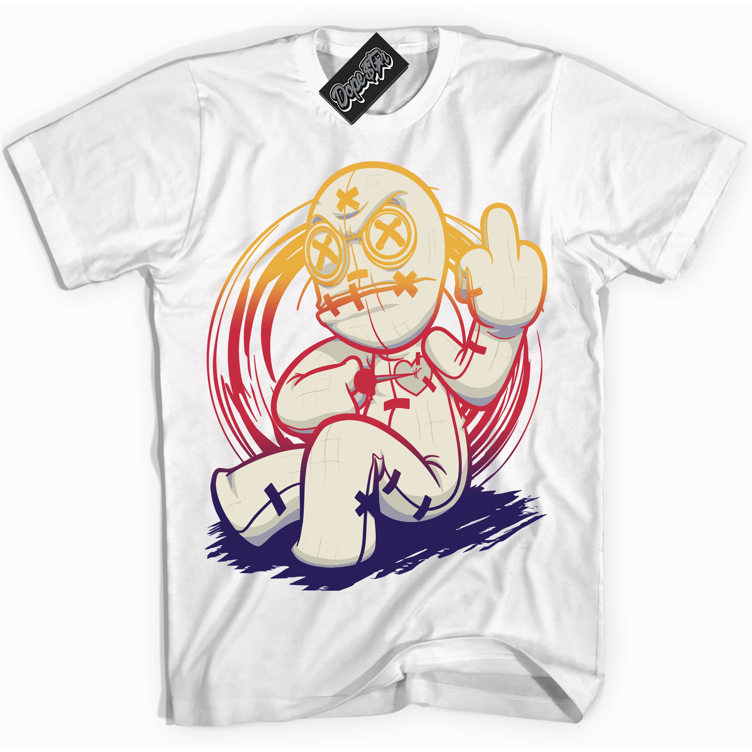 Cool White Shirt with “ VooDoo Doll” design that perfectly matches J Balvin Sunset 3s Jordans.