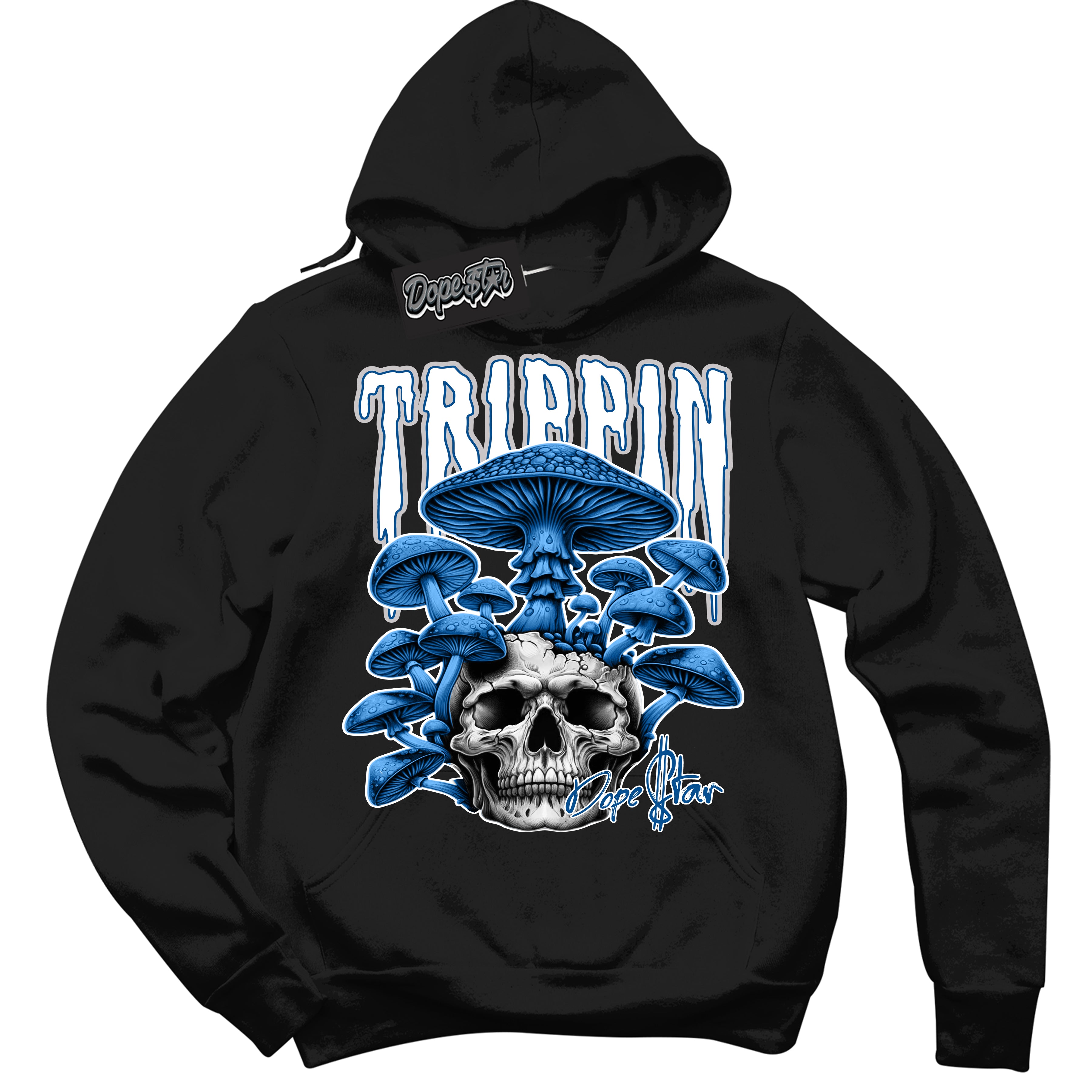 Cool Black Hoodie with “ Trippin”  design that Perfectly Matches Military Blue 4s Sneakers.