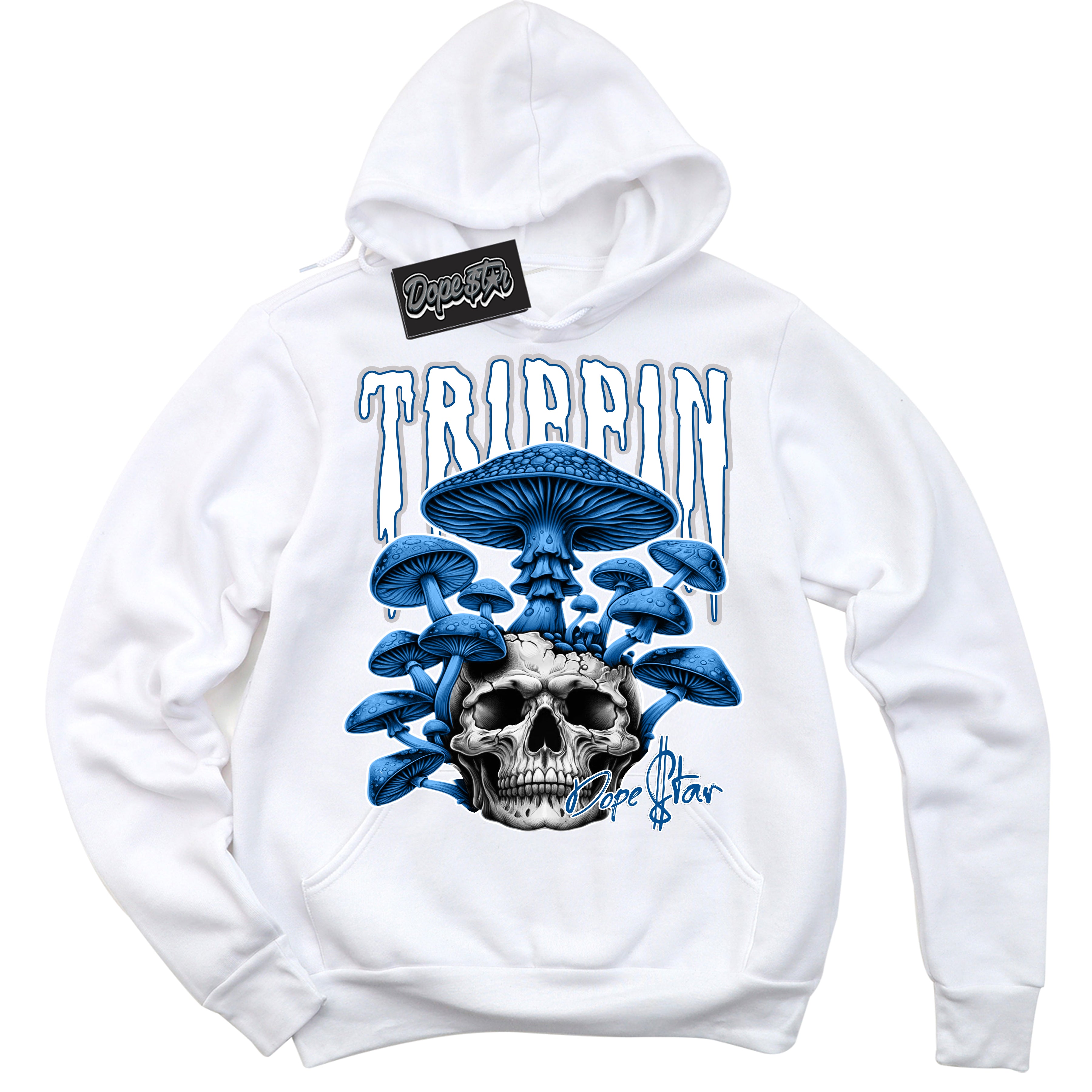 Cool White Hoodie with “ Trippin”  design that Perfectly Matches Military Blue 4s Sneakers.