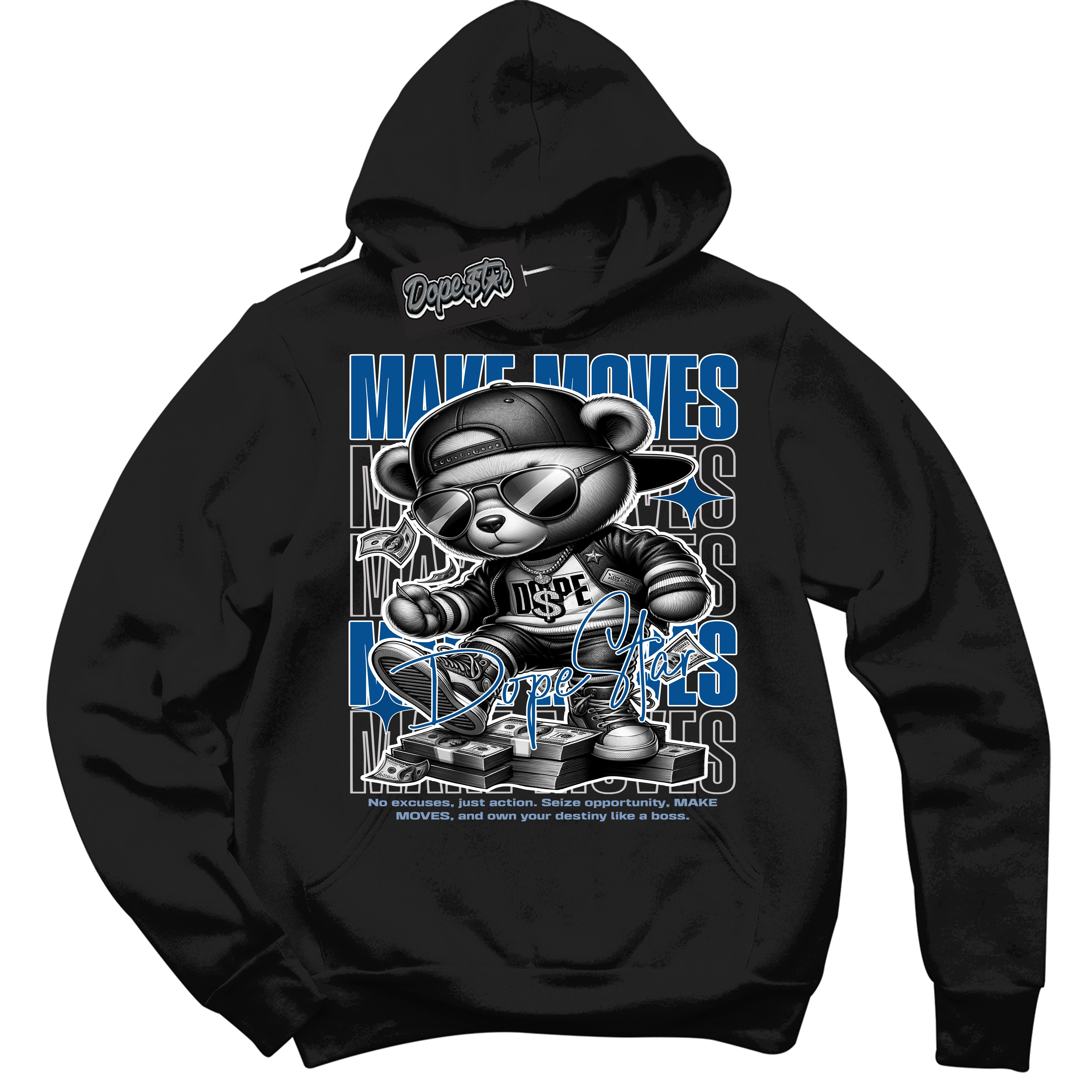 Cool Black Hoodie with “ Makin Moves ”  design that Perfectly Matches Military Blue 4s Sneakers.