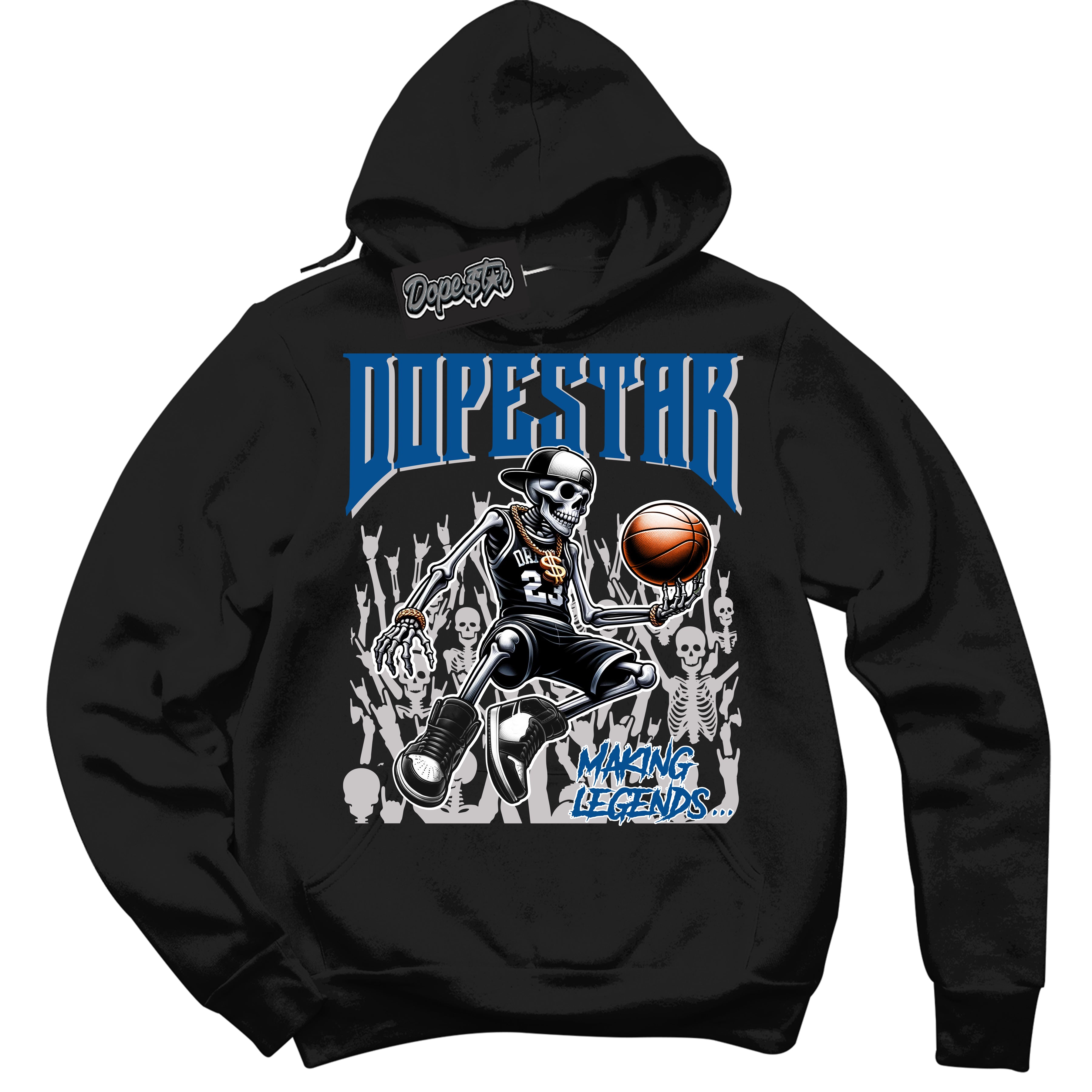 Cool Black Hoodie with “ Making Legends ”  design that Perfectly Matches Military Blue 4s Sneakers.