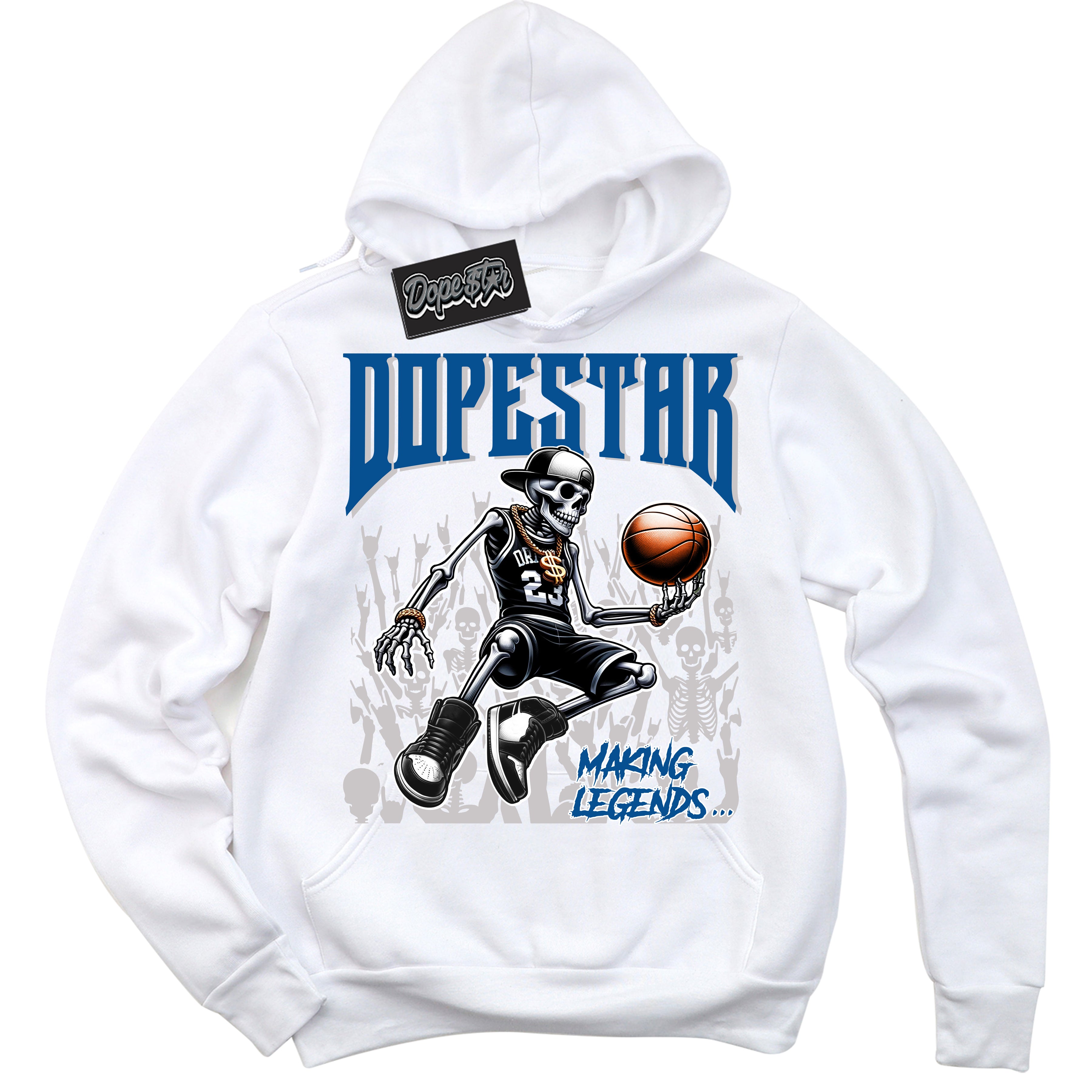 Cool White Hoodie with “ Making Legends ”  design that Perfectly Matches Military Blue 4s Sneakers.