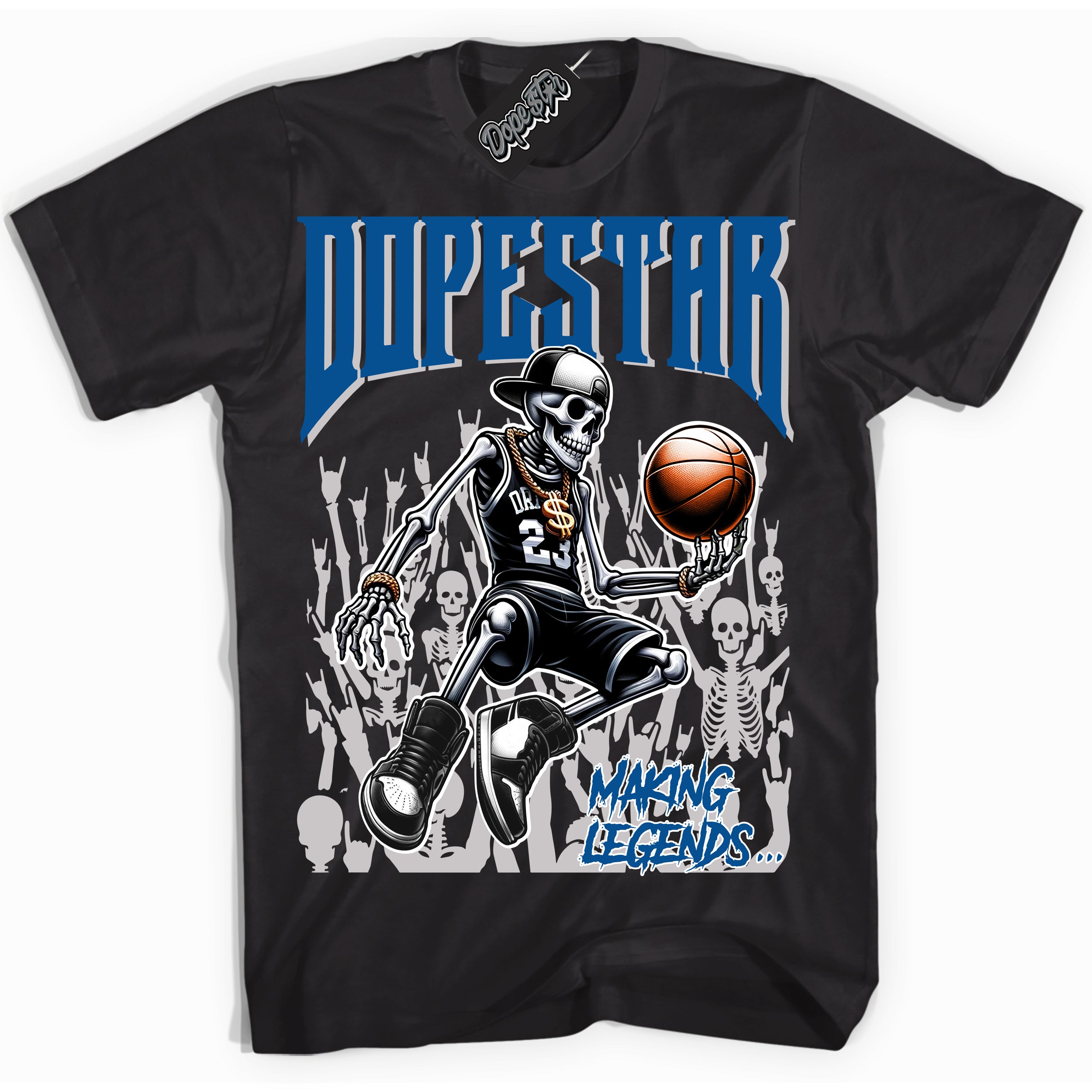 Cool Black Shirt with “ Making Legends ” design that perfectly matches Military Blue 4s Sneakers.