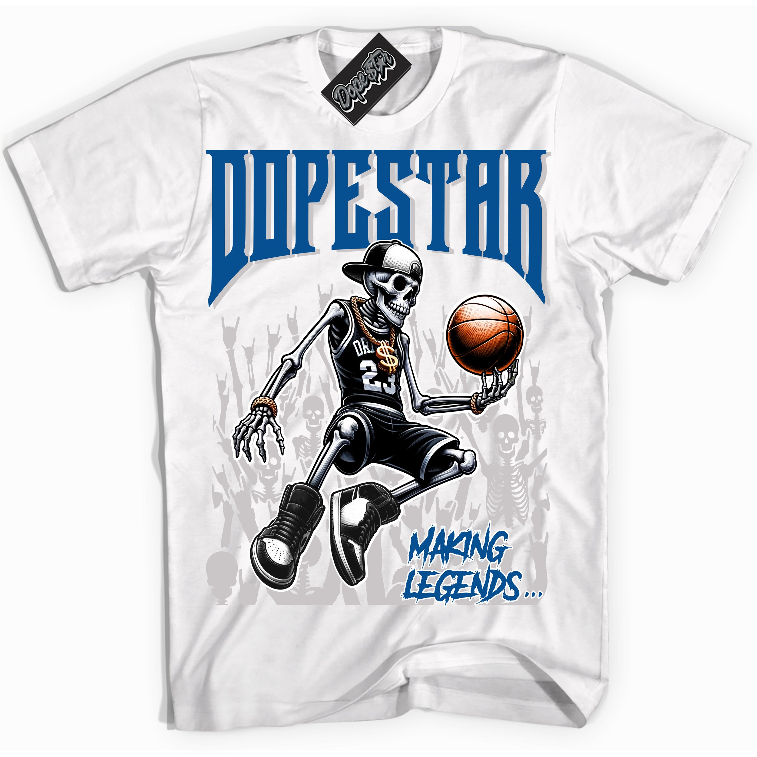 Cool White Shirt with “ Making Legends ” design that perfectly matches Military Blue 4s Sneakers.