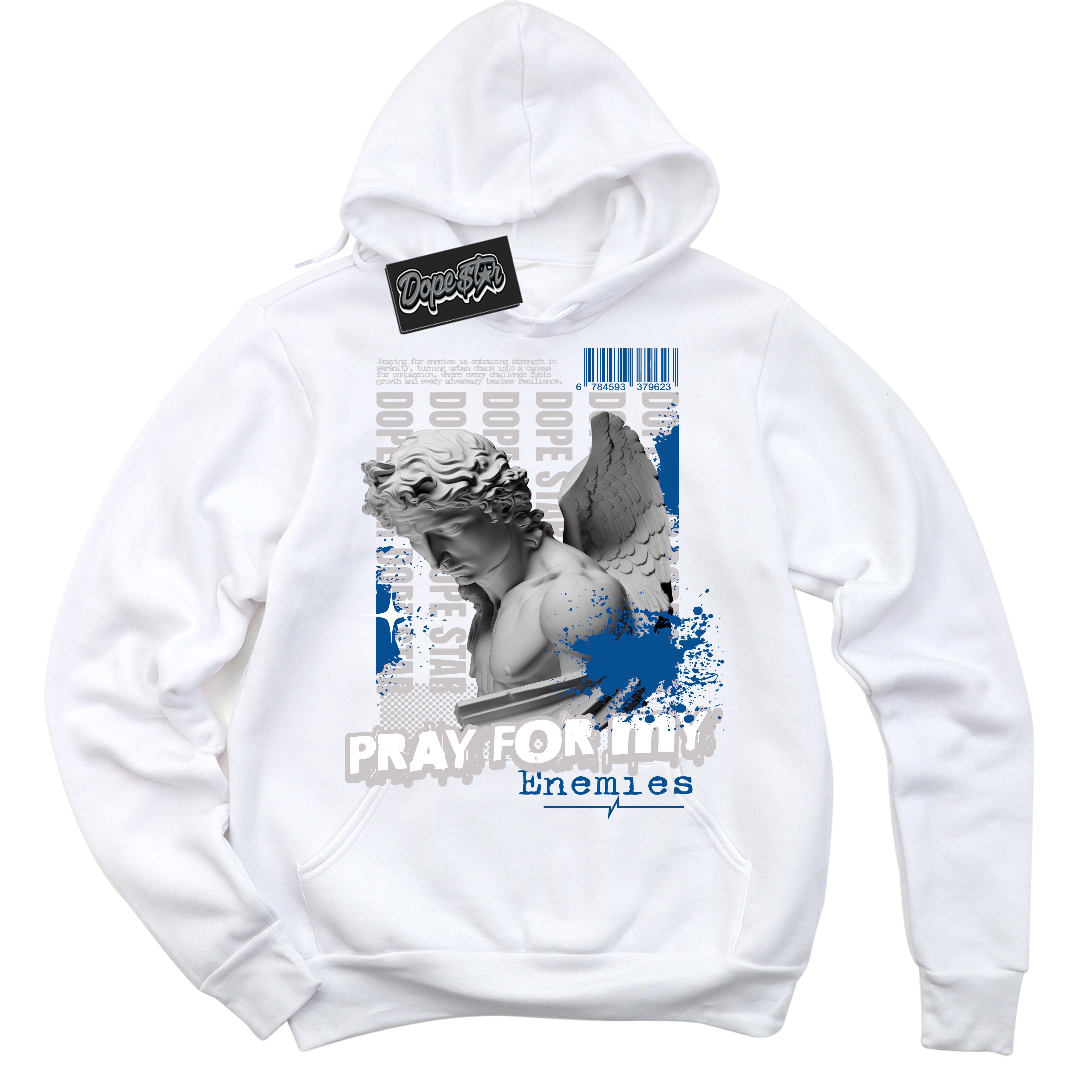 Cool White Hoodie with “ Pray Enemies ”  design that Perfectly Matches Military Blue 4s Sneakers.