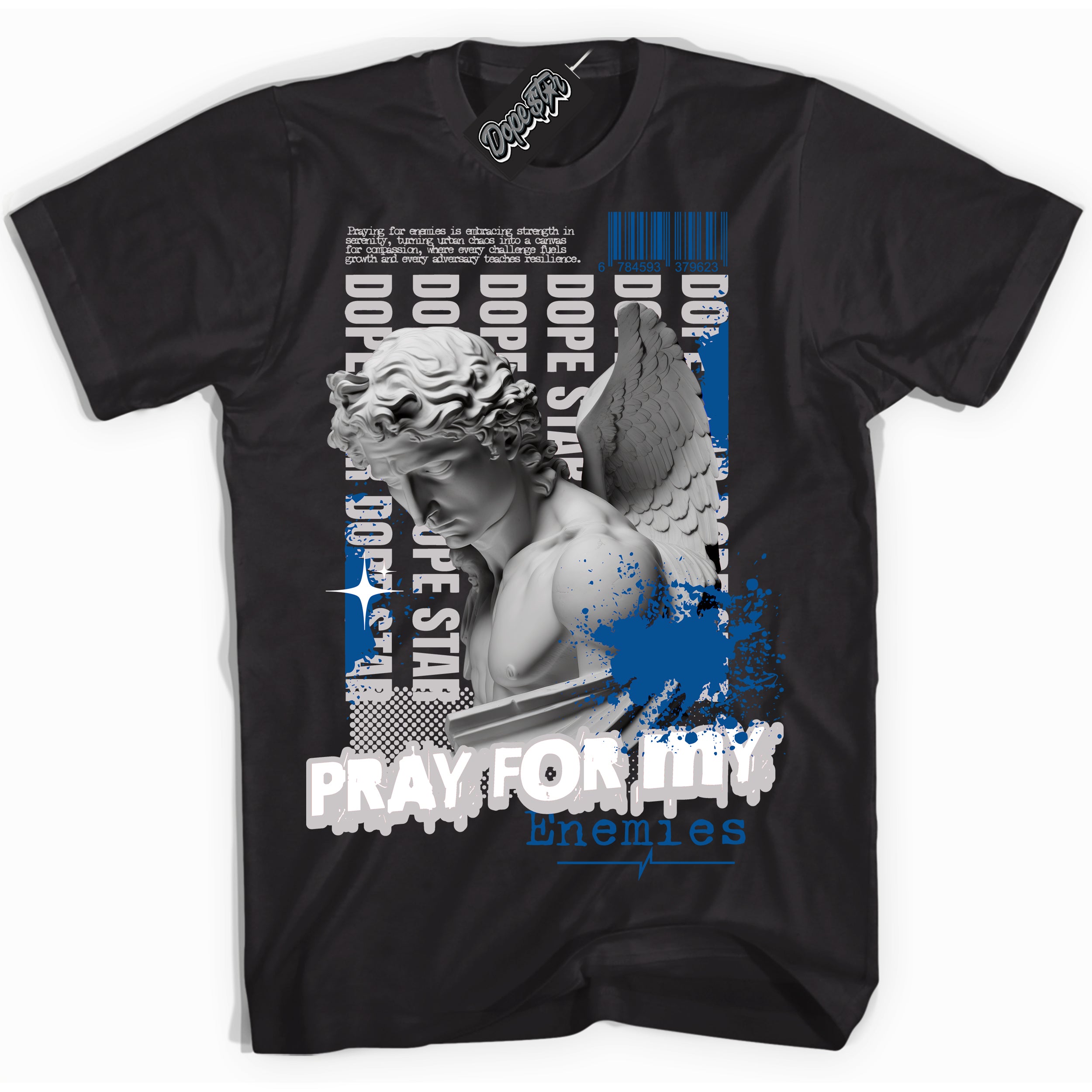 Cool Black Shirt with “ Pray Enemies” design that perfectly matches Military Blue 4s Sneakers.