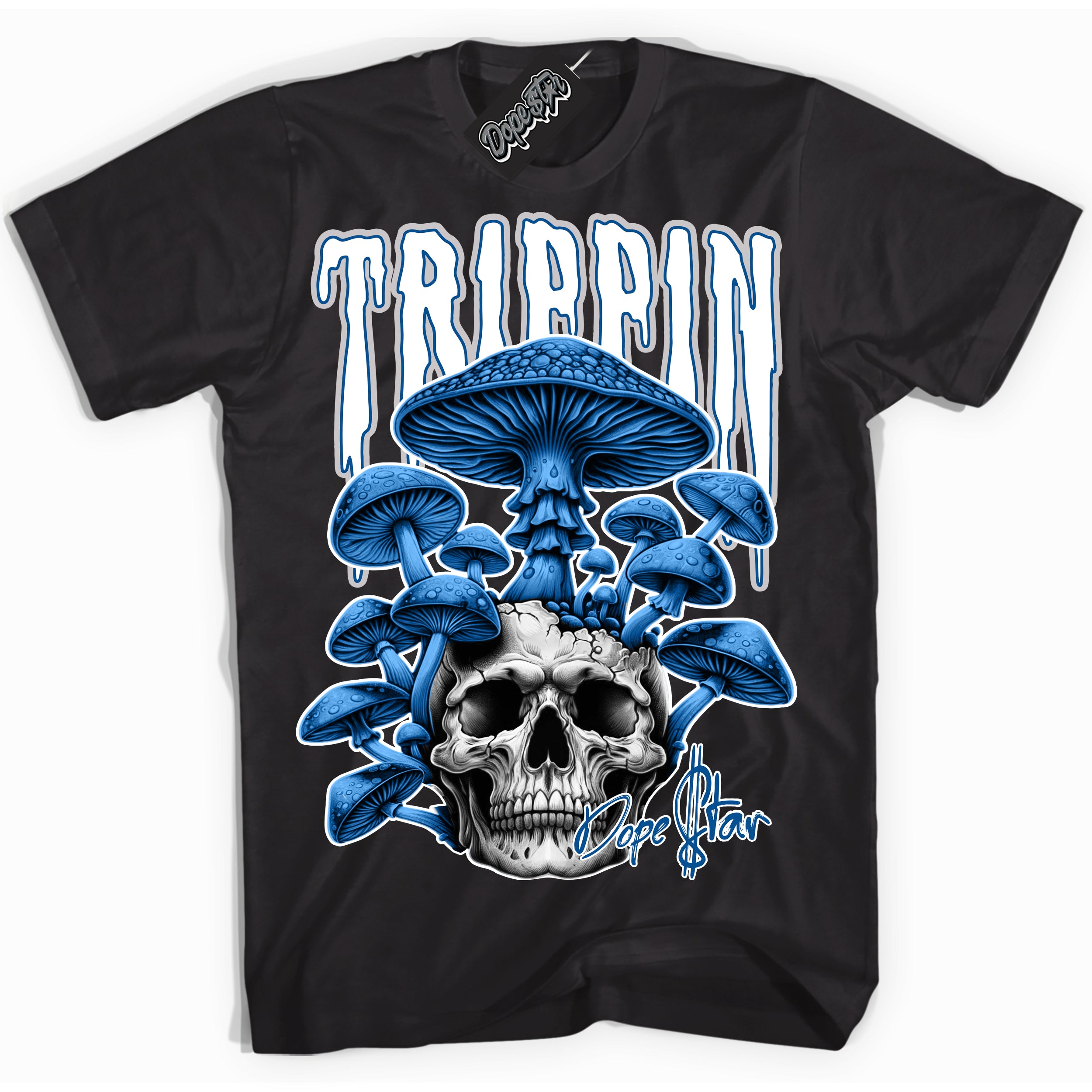 Cool Black Shirt with “ Trippin” design that perfectly matches Military Blue 4s Sneakers.