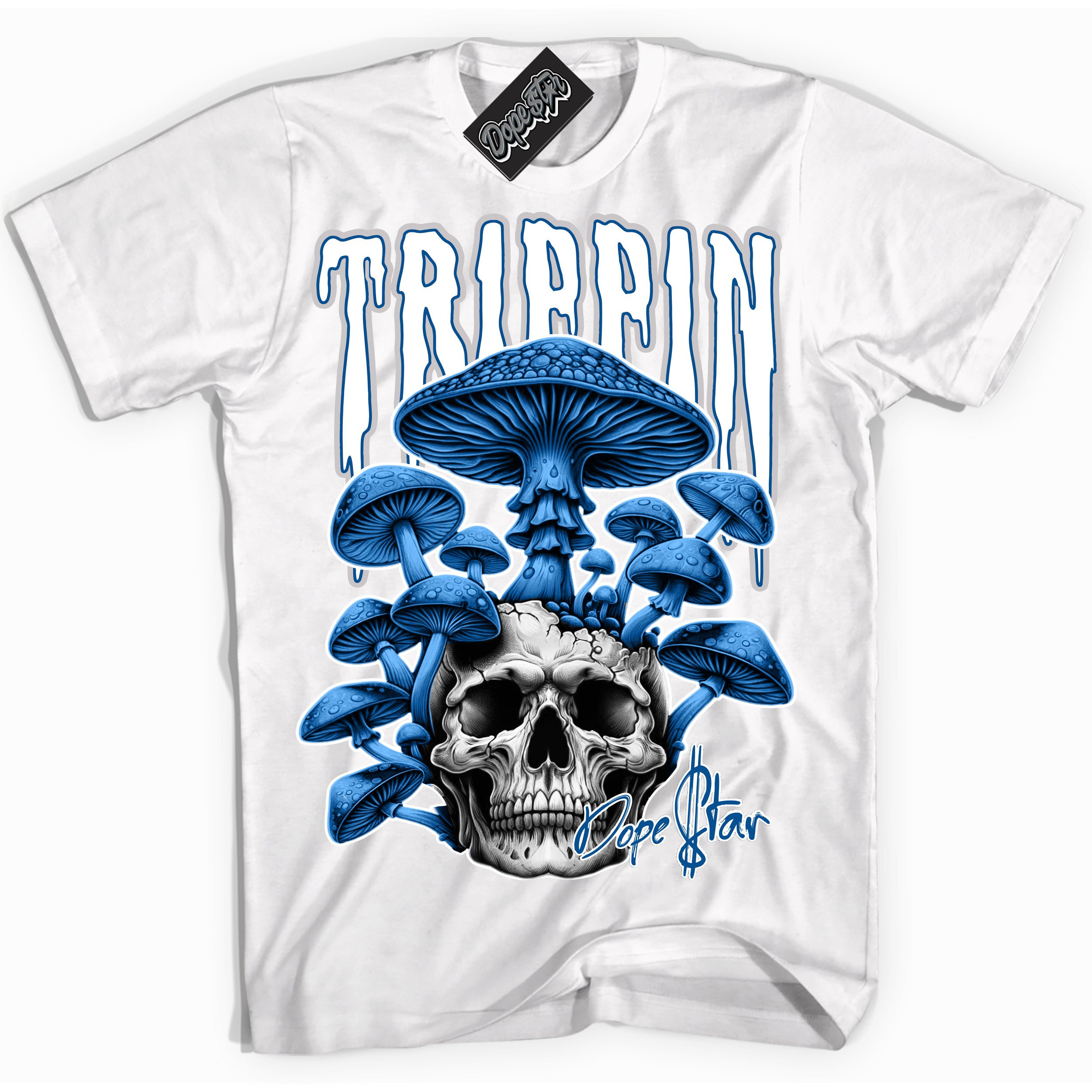 Cool White Shirt with “ Trippin” design that perfectly matches Military Blue 4s Sneakers.