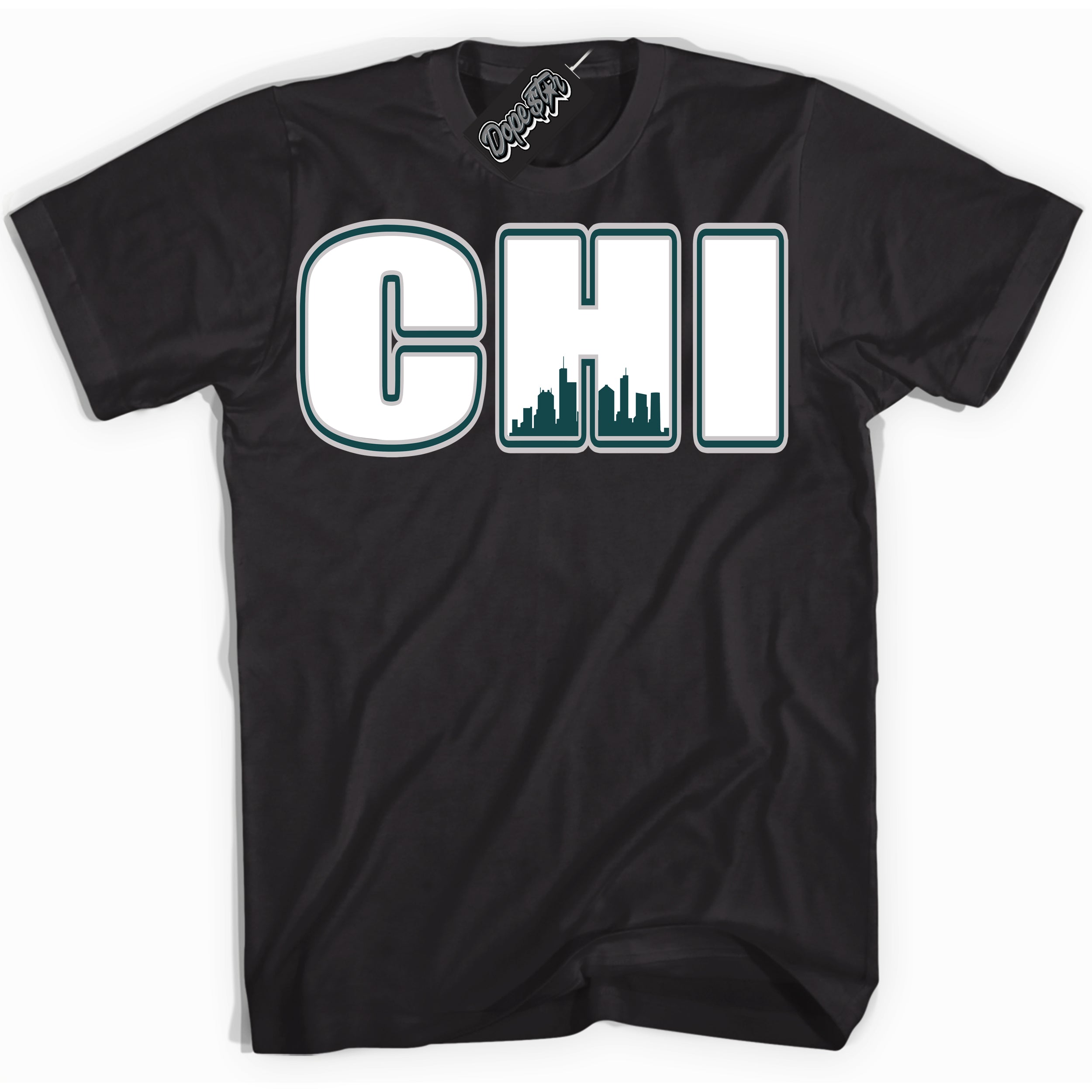 Cool Black Shirt with “ Chicago ” design that perfectly matches Oxidized Green 4s Jordans.