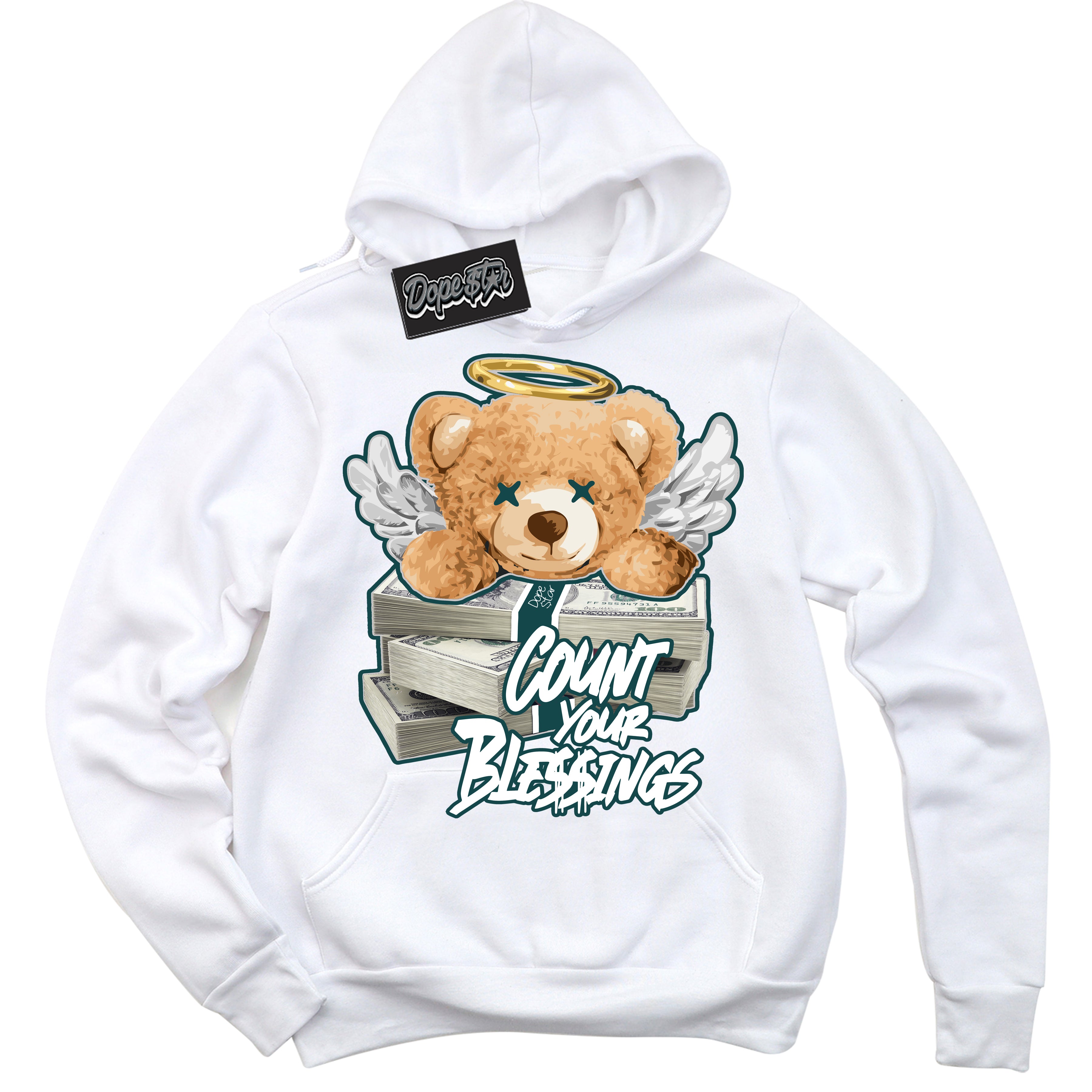 Cool White Hoodie with “ Count Your Blessings ”  design that Perfectly Matches Oxidized Green 4s Jordans.