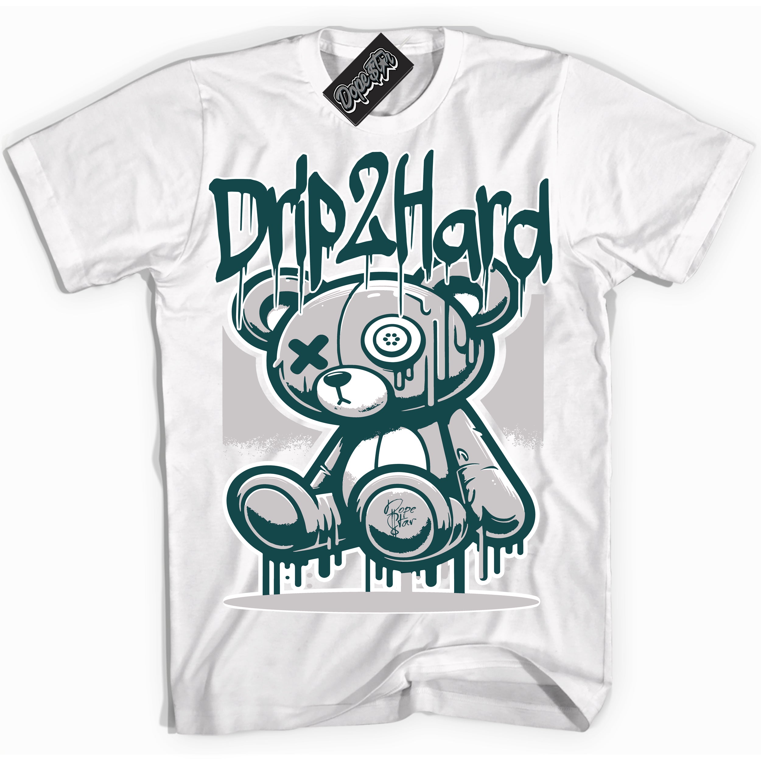 Cool White Shirt with “ Drip 2 Hard ” design that perfectly matches Oxidized Green 4s Jordans.