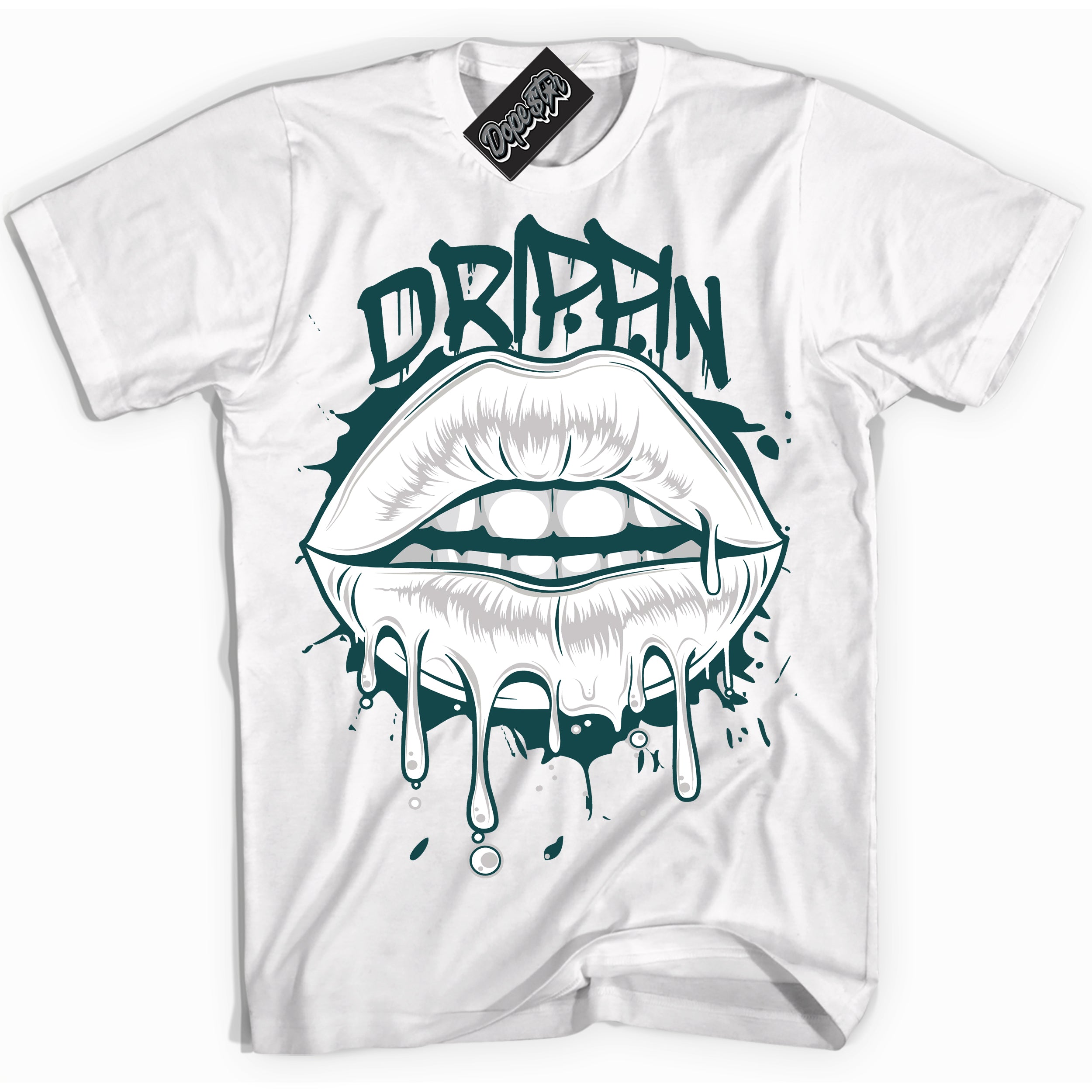 Cool White Shirt with “ Drippin ” design that perfectly matches Oxidized Green 4s Jordans.