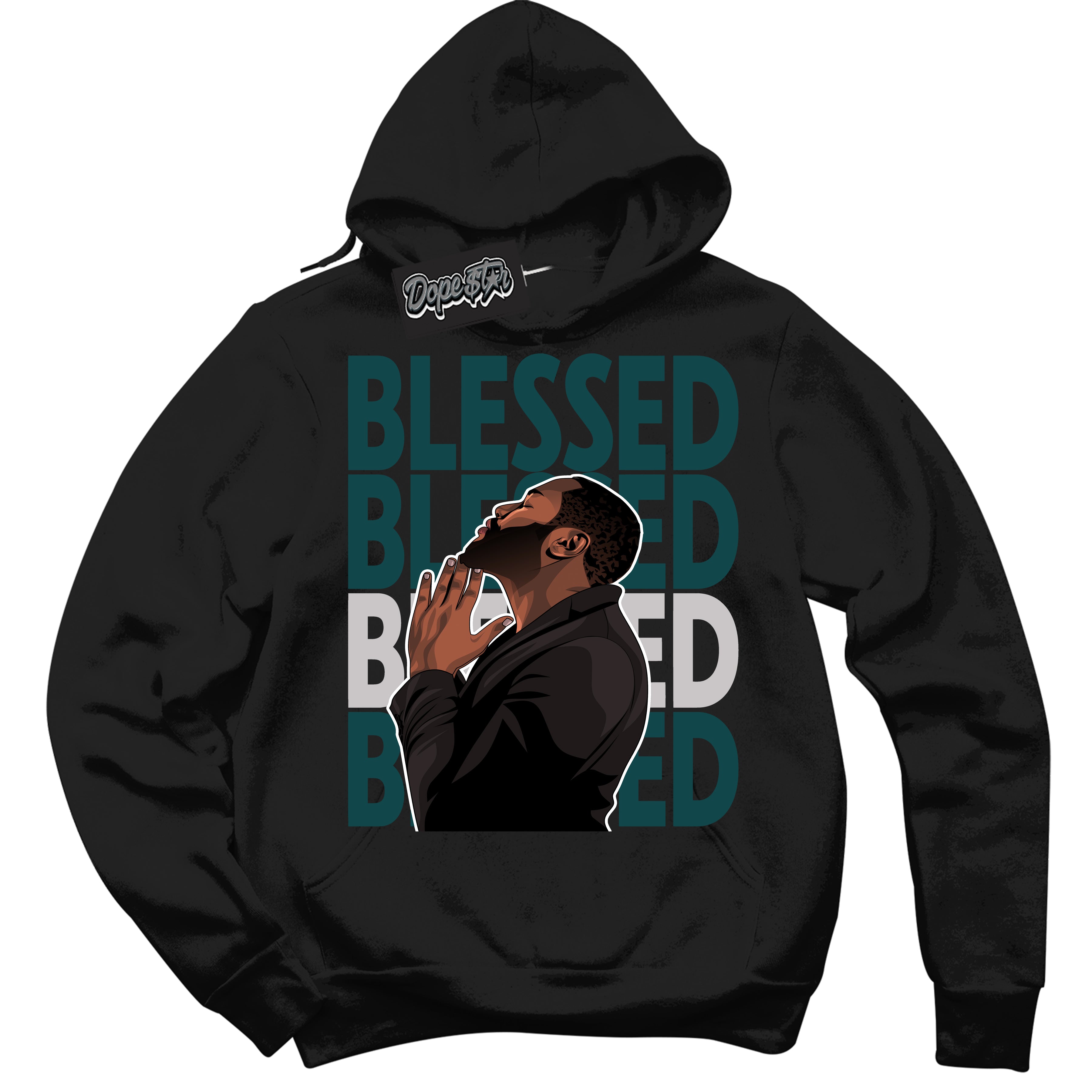 Cool Black Hoodie with “ God Blessed ”  design that Perfectly Matches Oxidized Green 4s Jordans.