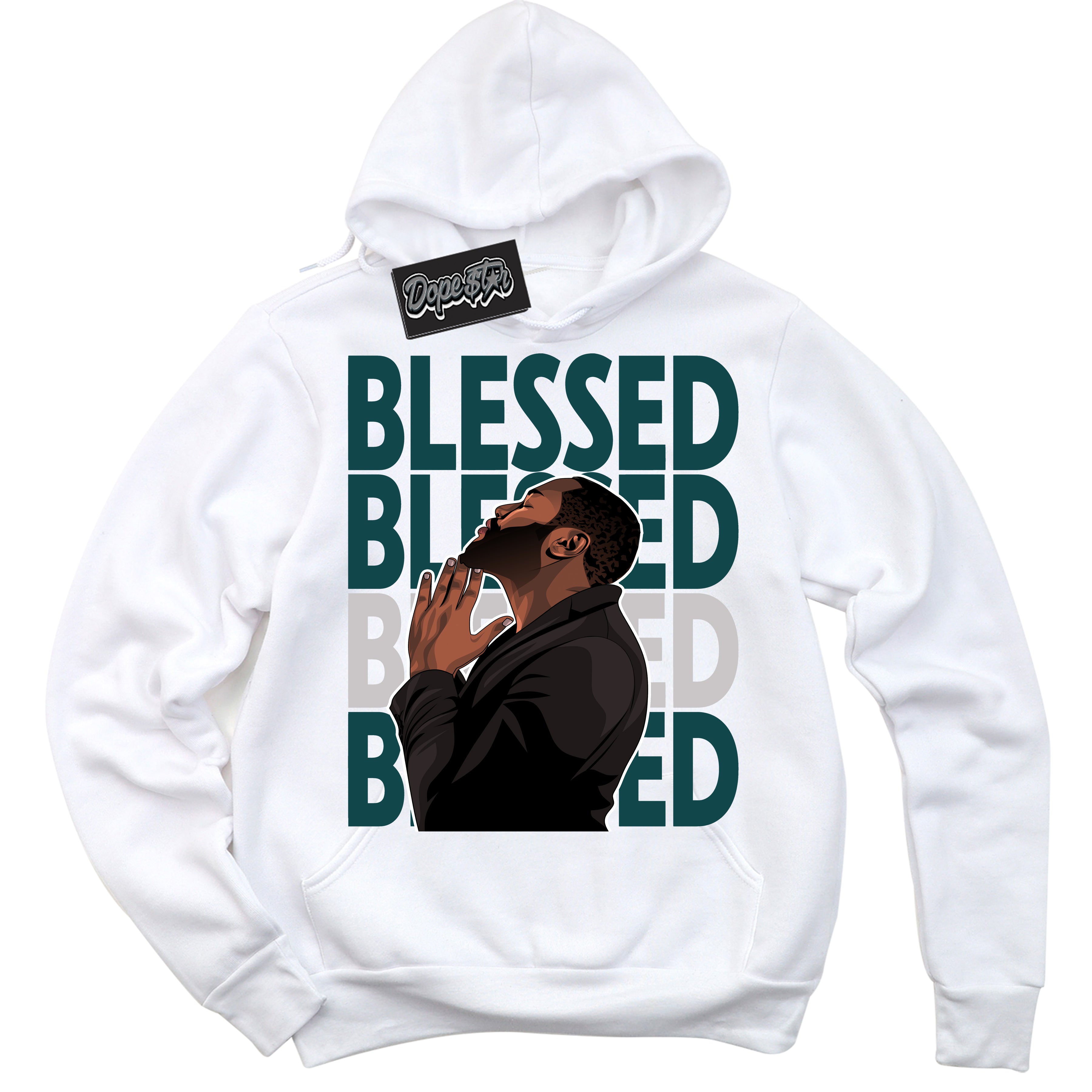 Cool White Hoodie with “ God Blessed ”  design that Perfectly Matches Oxidized Green 4s Jordans.