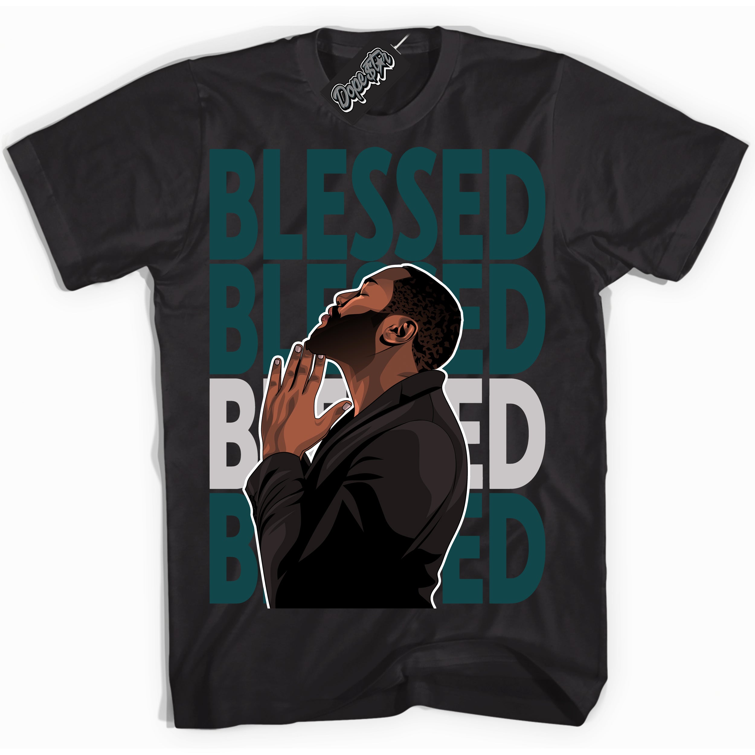 Cool Black Shirt with “ God Blessed ” design that perfectly matches Oxidized Green 4s Jordans.
