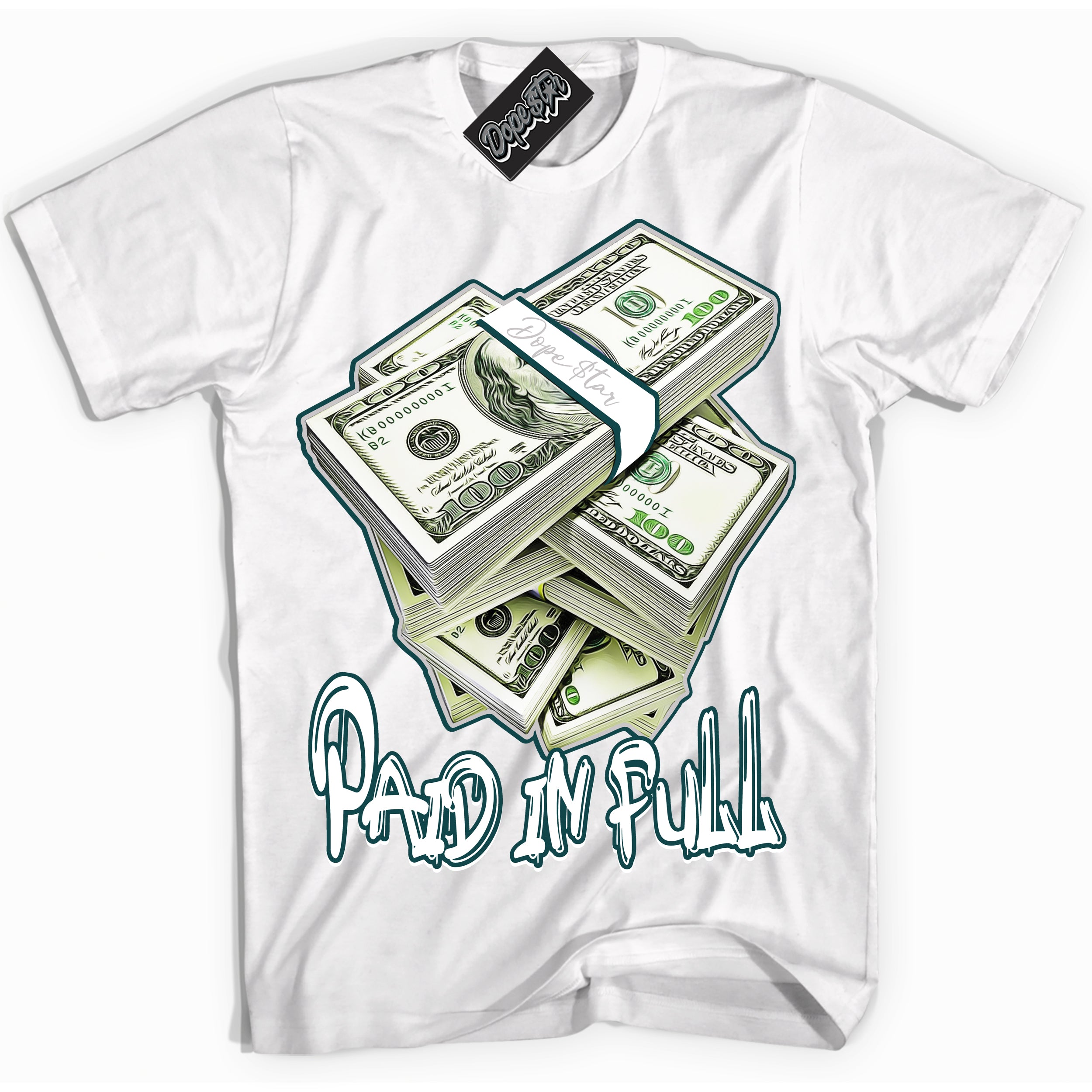 Cool White Shirt with “ Paid In Full ” design that perfectly matches Oxidized Green 4s Jordans.