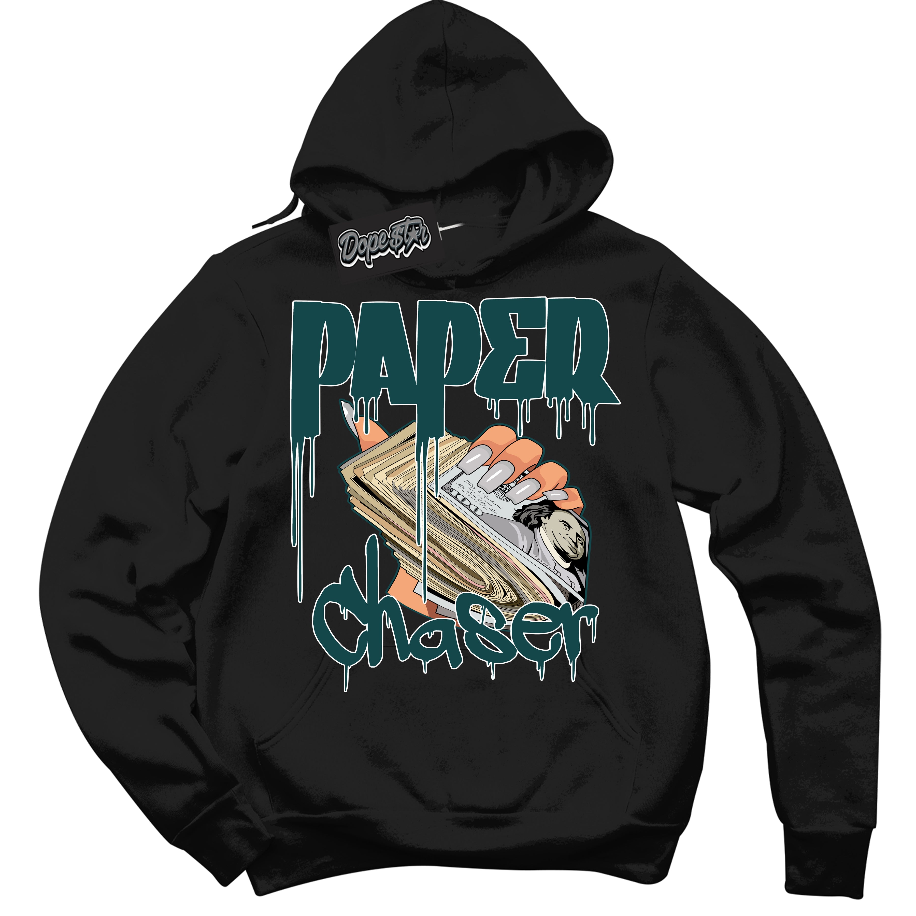 Cool Black Hoodie with “ Paper Chaser ”  design that Perfectly Matches Oxidized Green 4s Jordans.