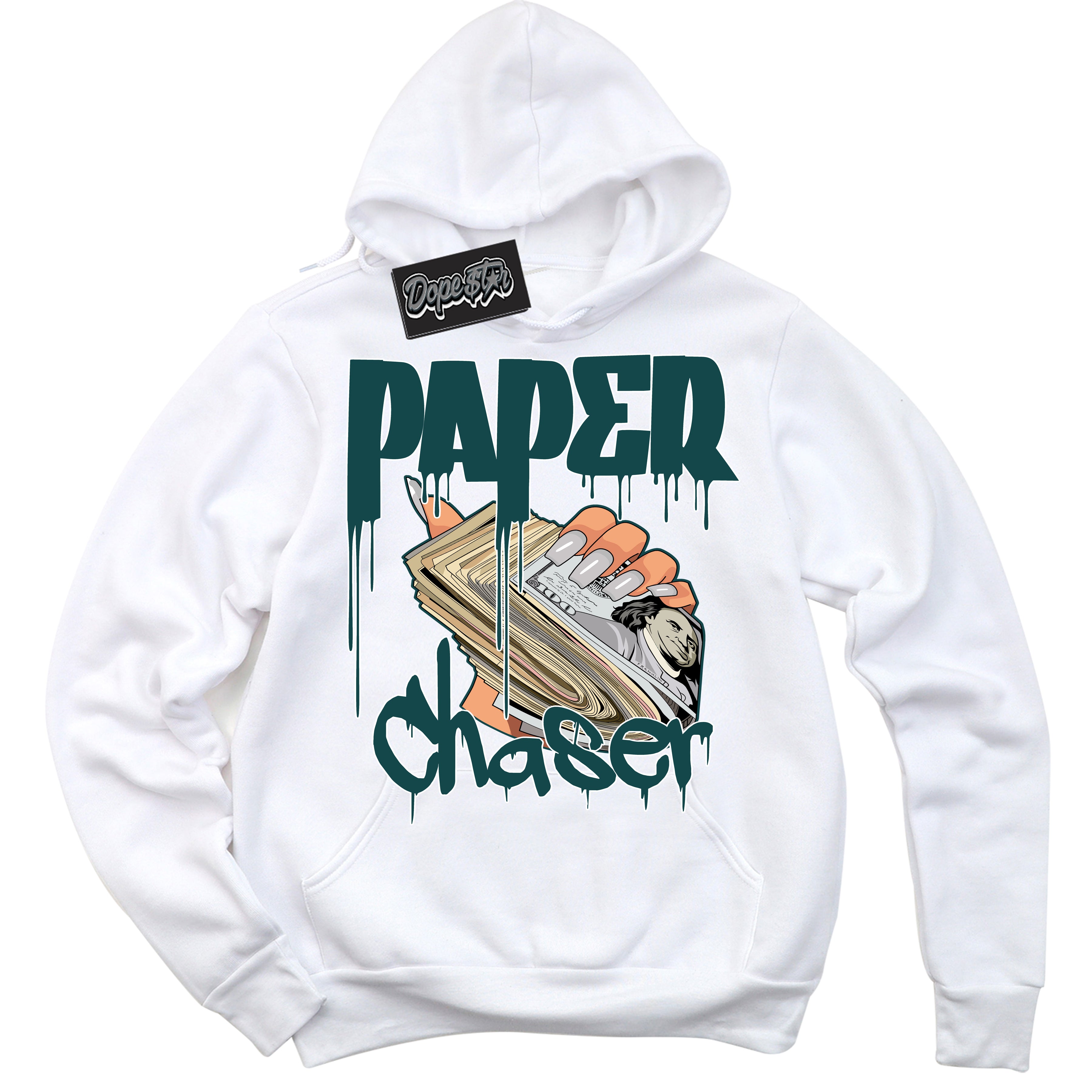 Cool White Hoodie with “ Paper Chaser ”  design that Perfectly Matches Oxidized Green 4s Jordans.