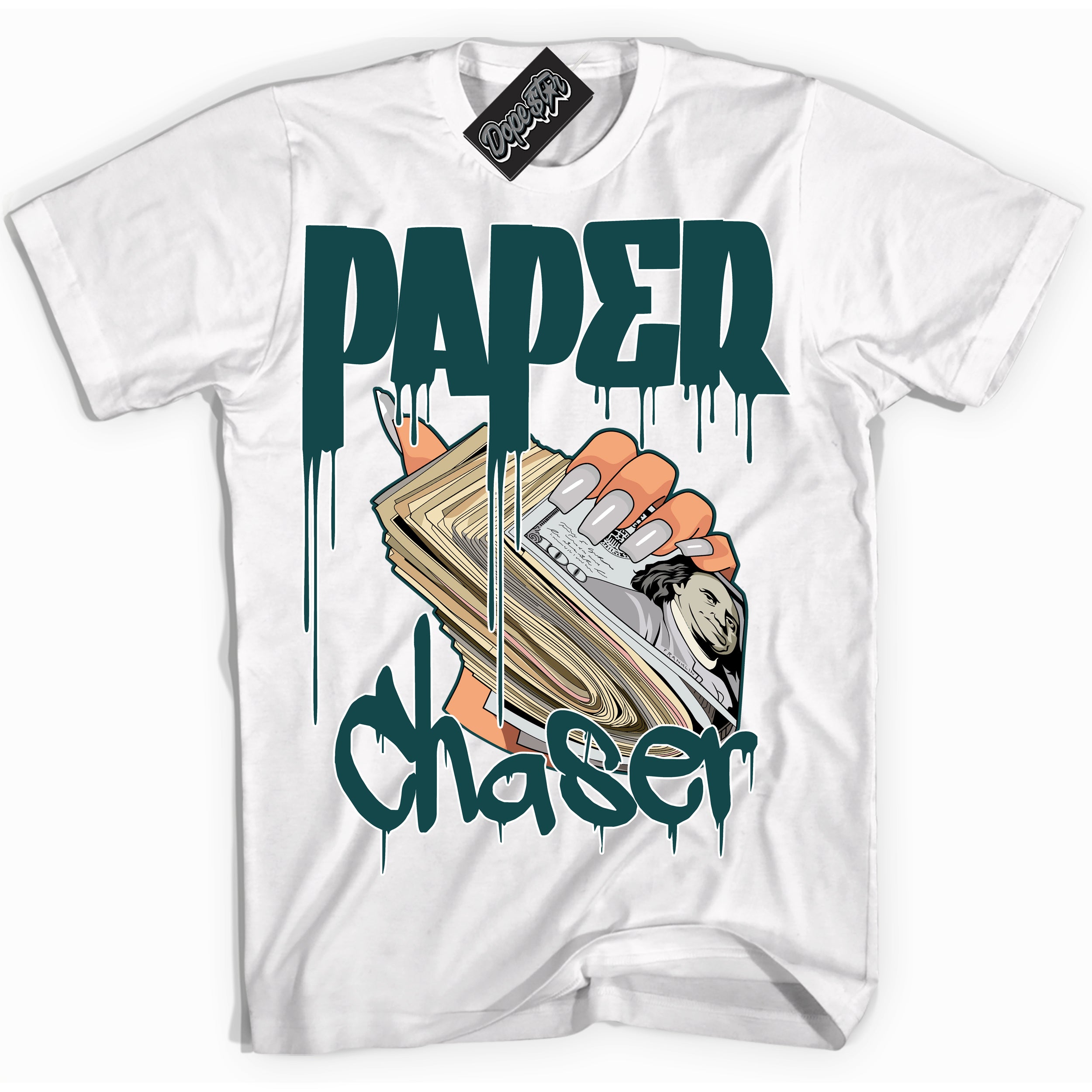 Cool White Shirt with “ Paper Chaser ” design that perfectly matches Oxidized Green 4s Jordans.