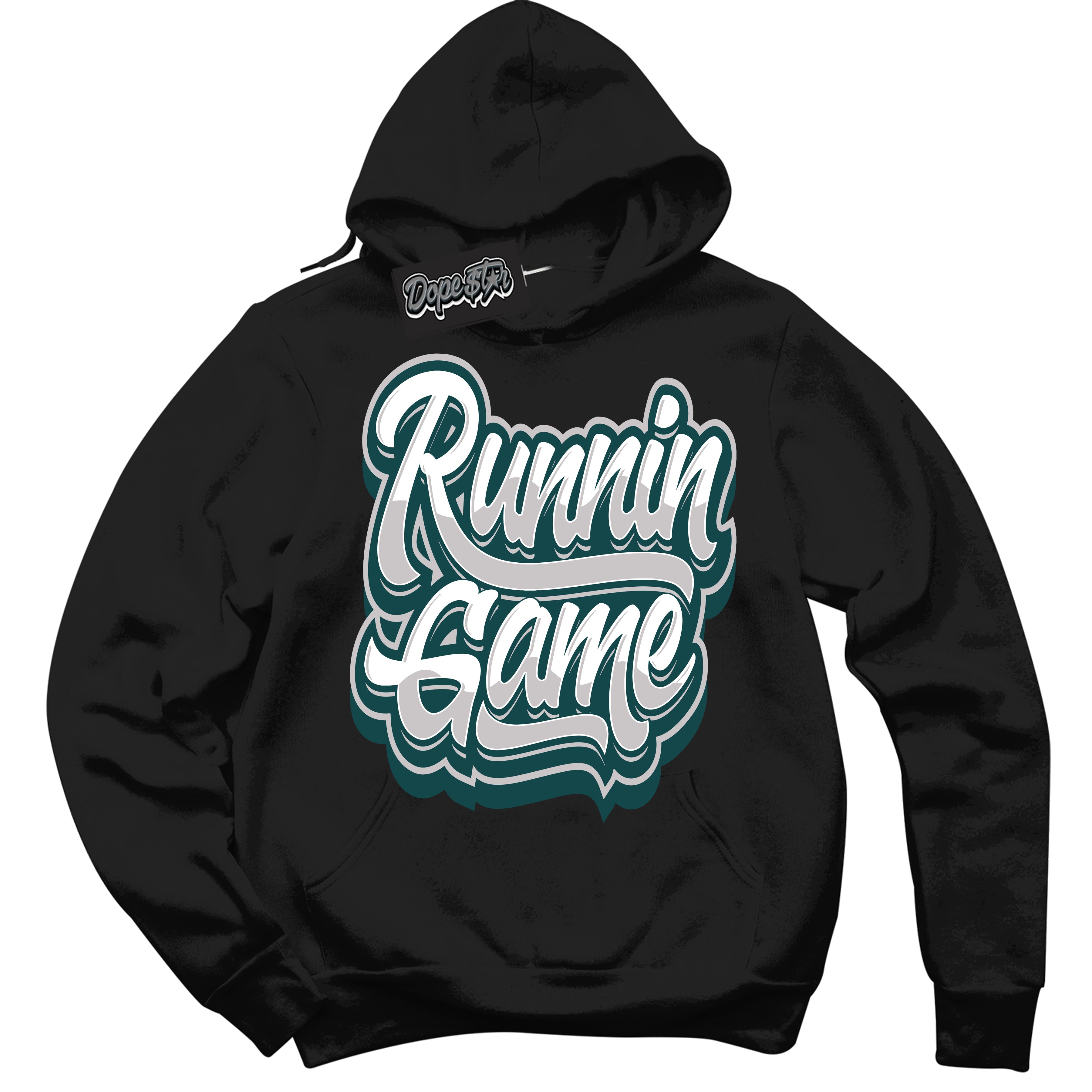 Cool Black Hoodie with “ Running Game ”  design that Perfectly Matches Oxidized Green 4s Jordans.