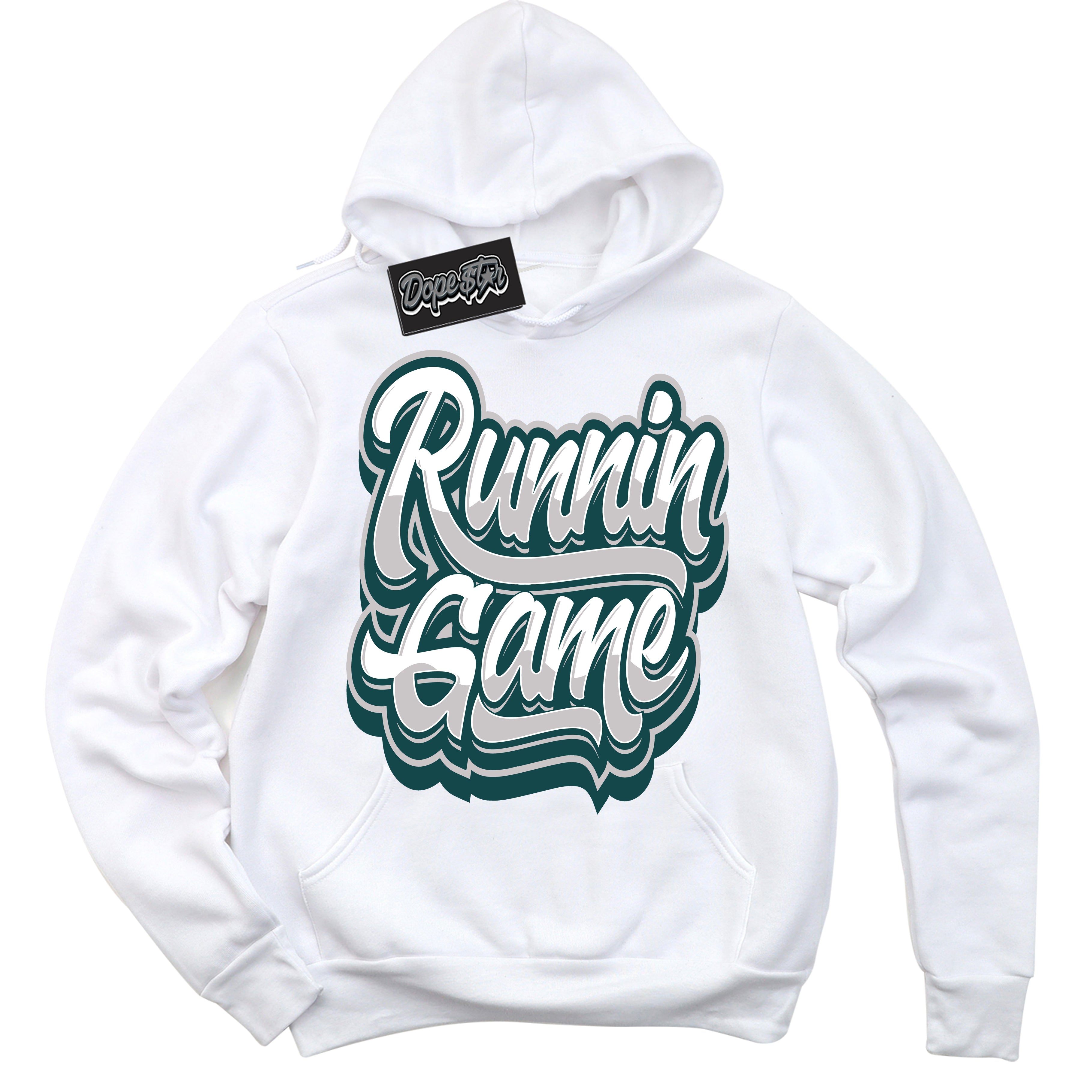 Cool White Hoodie with “ Running Game ”  design that Perfectly Matches Oxidized Green 4s Jordans.