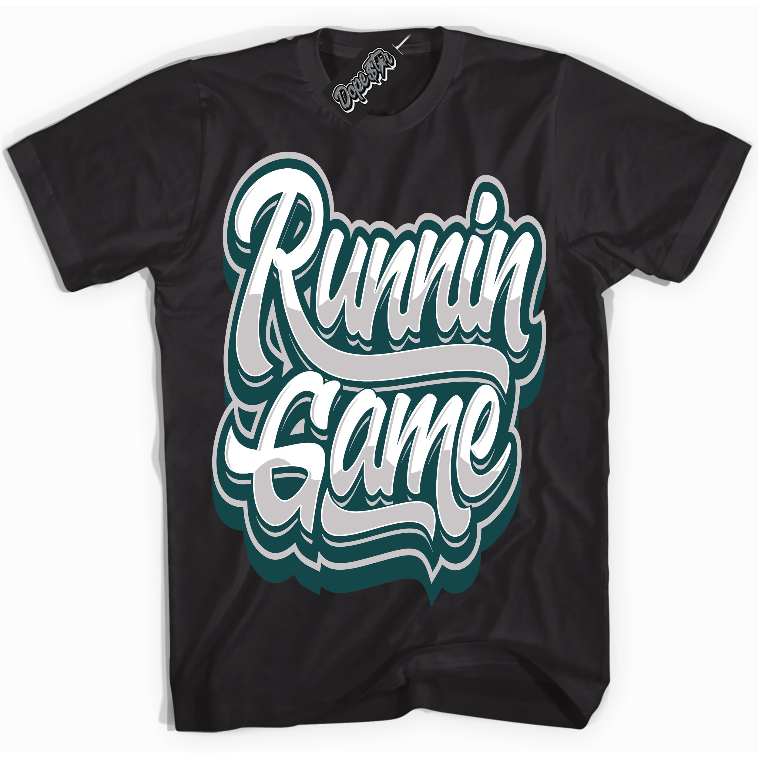 Cool Black Shirt with “ Running Game ” design that perfectly matches Oxidized Green 4s Jordans.