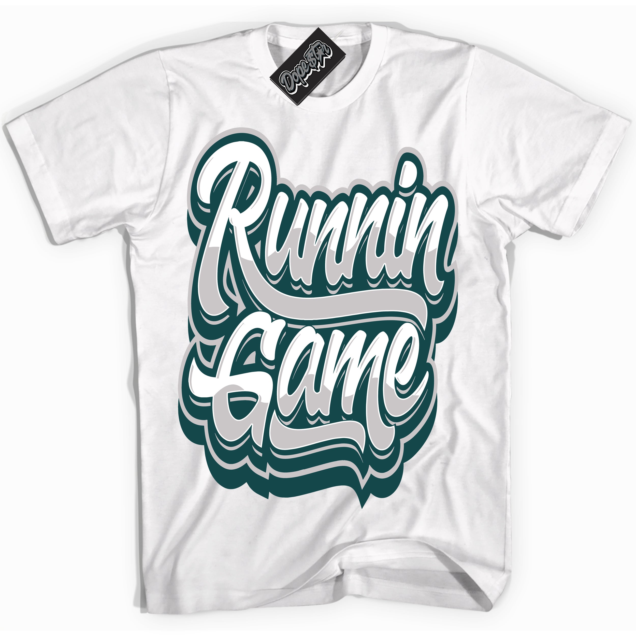 Cool White Shirt with “ Running Game ” design that perfectly matches Oxidized Green 4s Jordans.