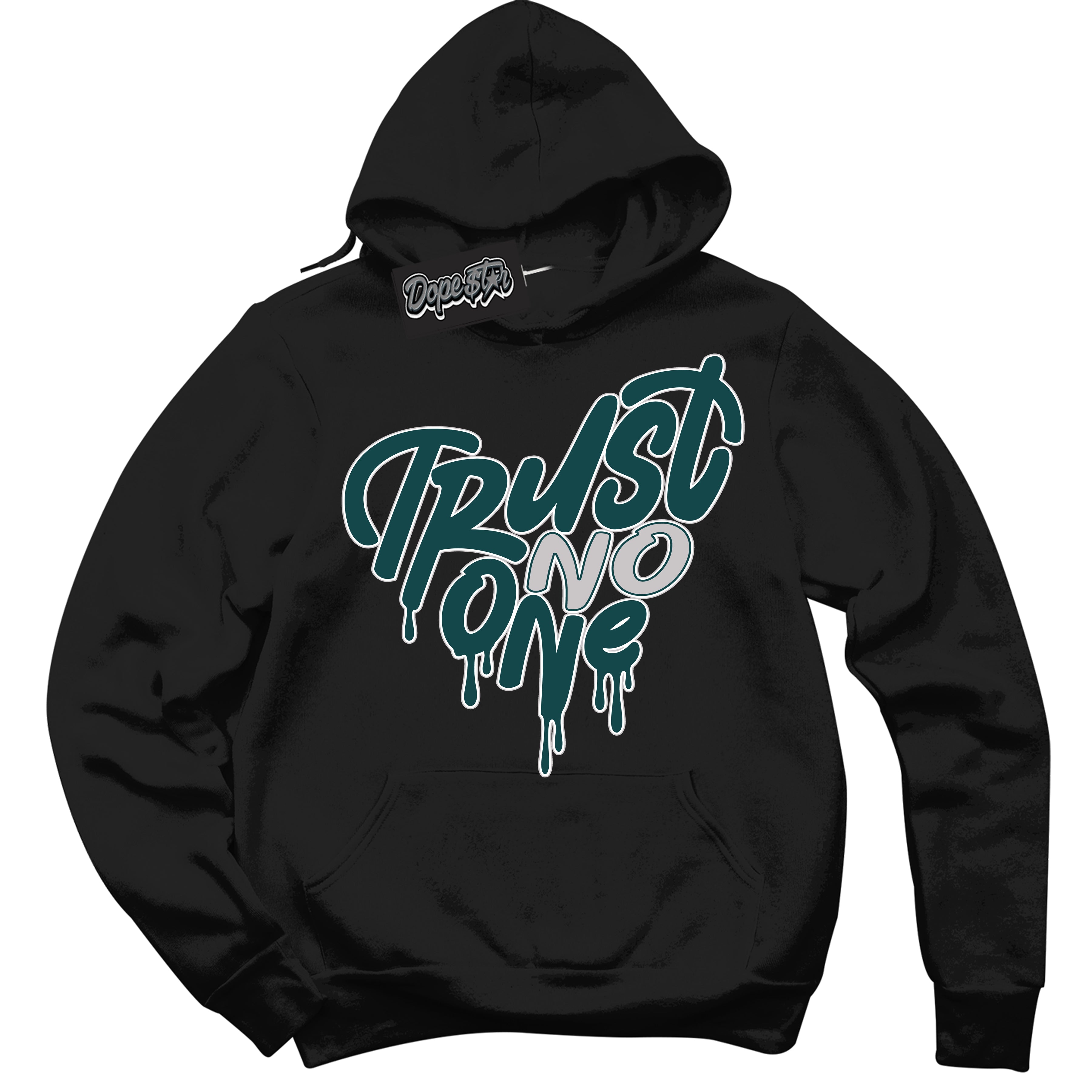 Cool Black Hoodie with “ Trust No One Heart ”  design that Perfectly Matches Oxidized Green 4s Jordans.
