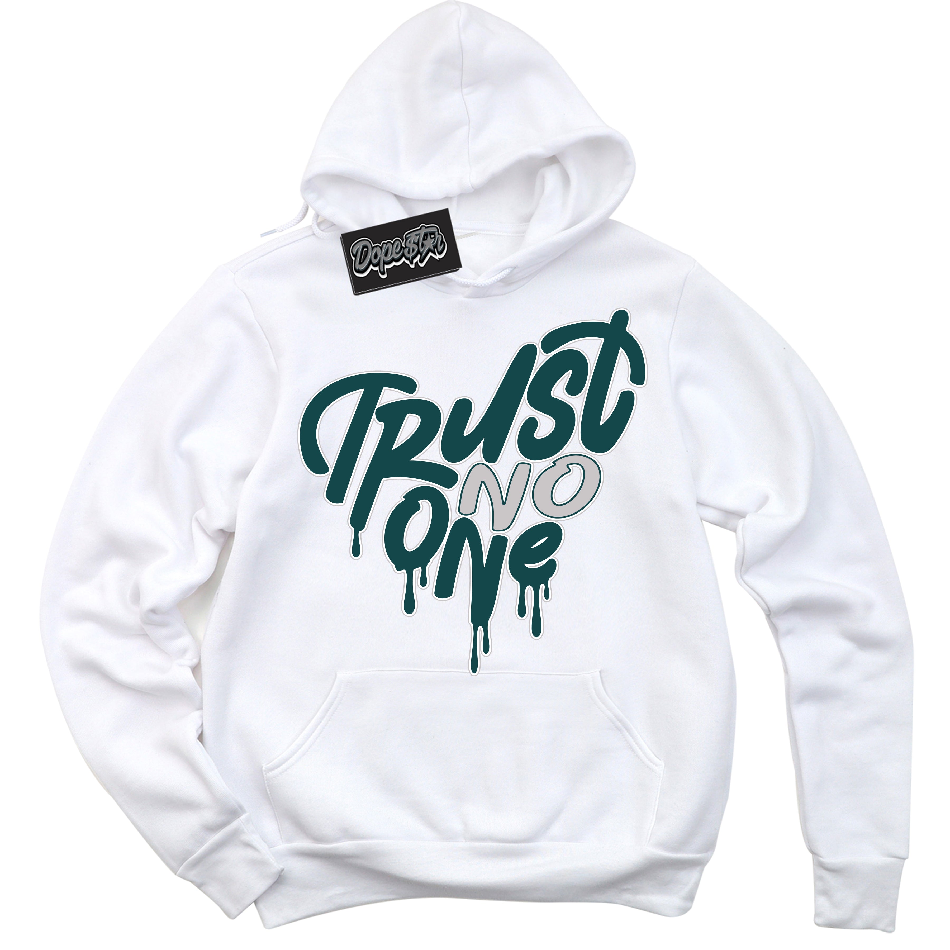 Cool White Hoodie with “ Trust No One Heart ”  design that Perfectly Matches Oxidized Green 4s Jordans.