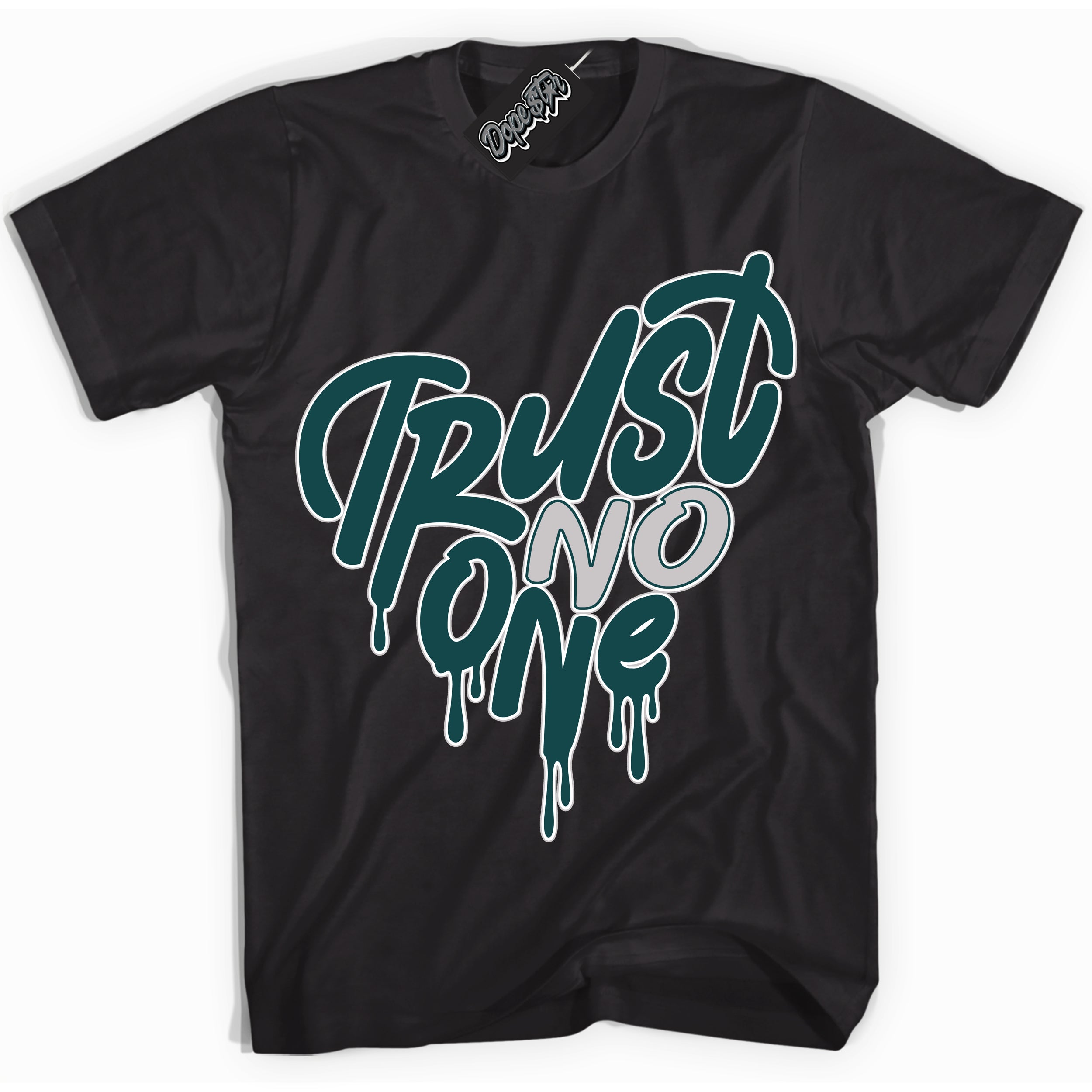 Cool Black Shirt with “ Trust No One Heart ” design that perfectly matches Oxidized Green 4s Jordans.