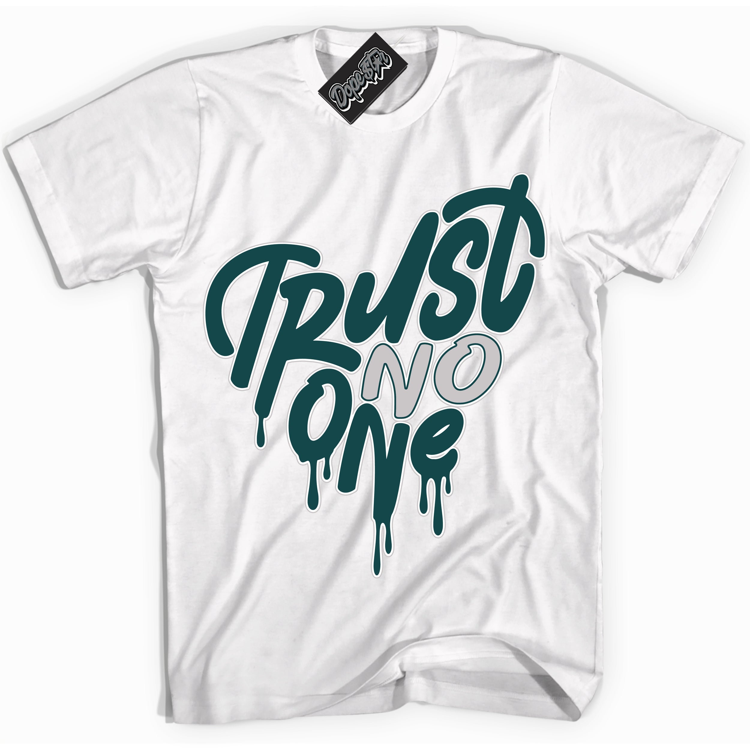 Cool White Shirt with “ Trust No One Heart ” design that perfectly matches Oxidized Green 4s Jordans.