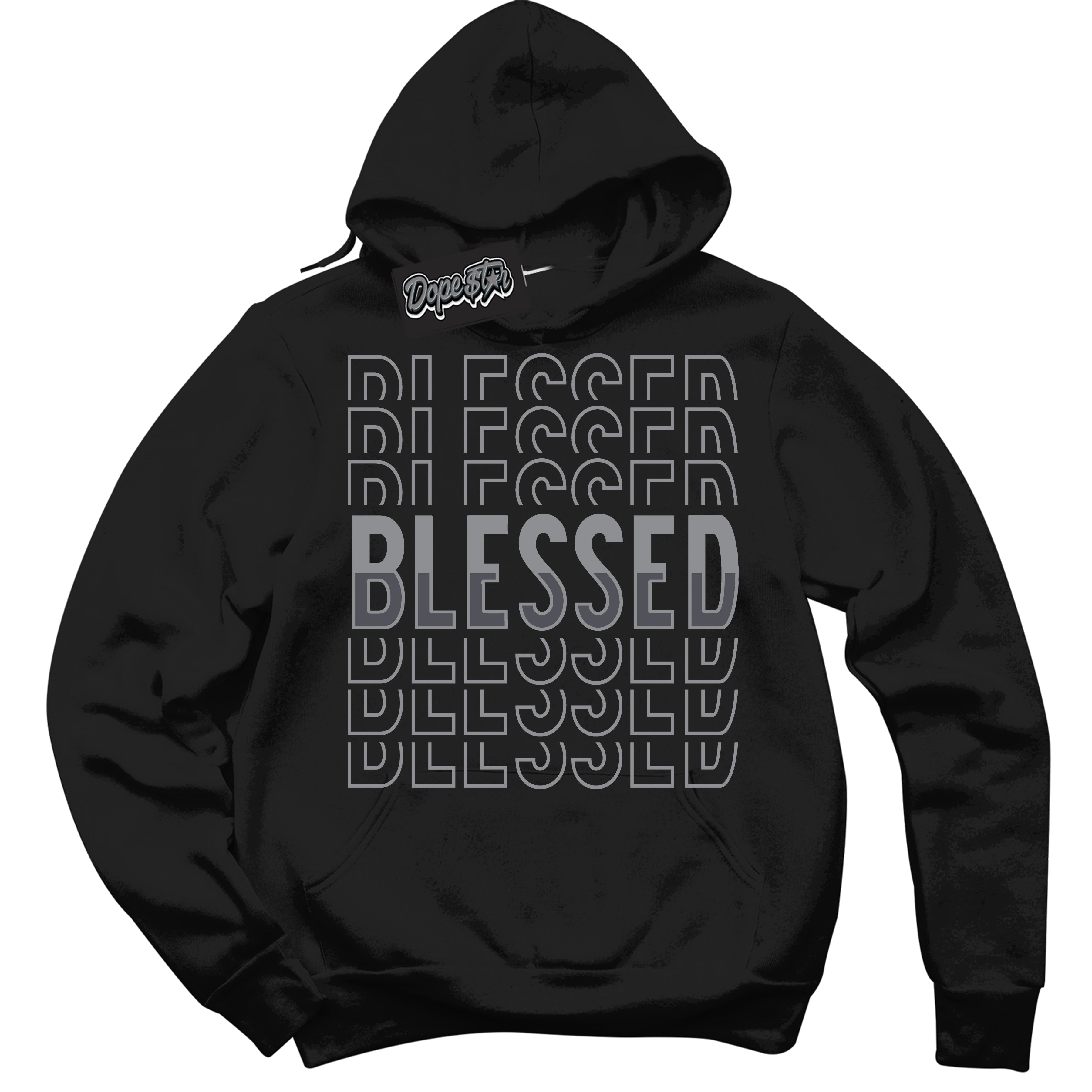 Cool Black Hoodie with “ Blessed Stacked ”  design that Perfectly Matches Paris Olympics Wet Cement 4s Jordans.
