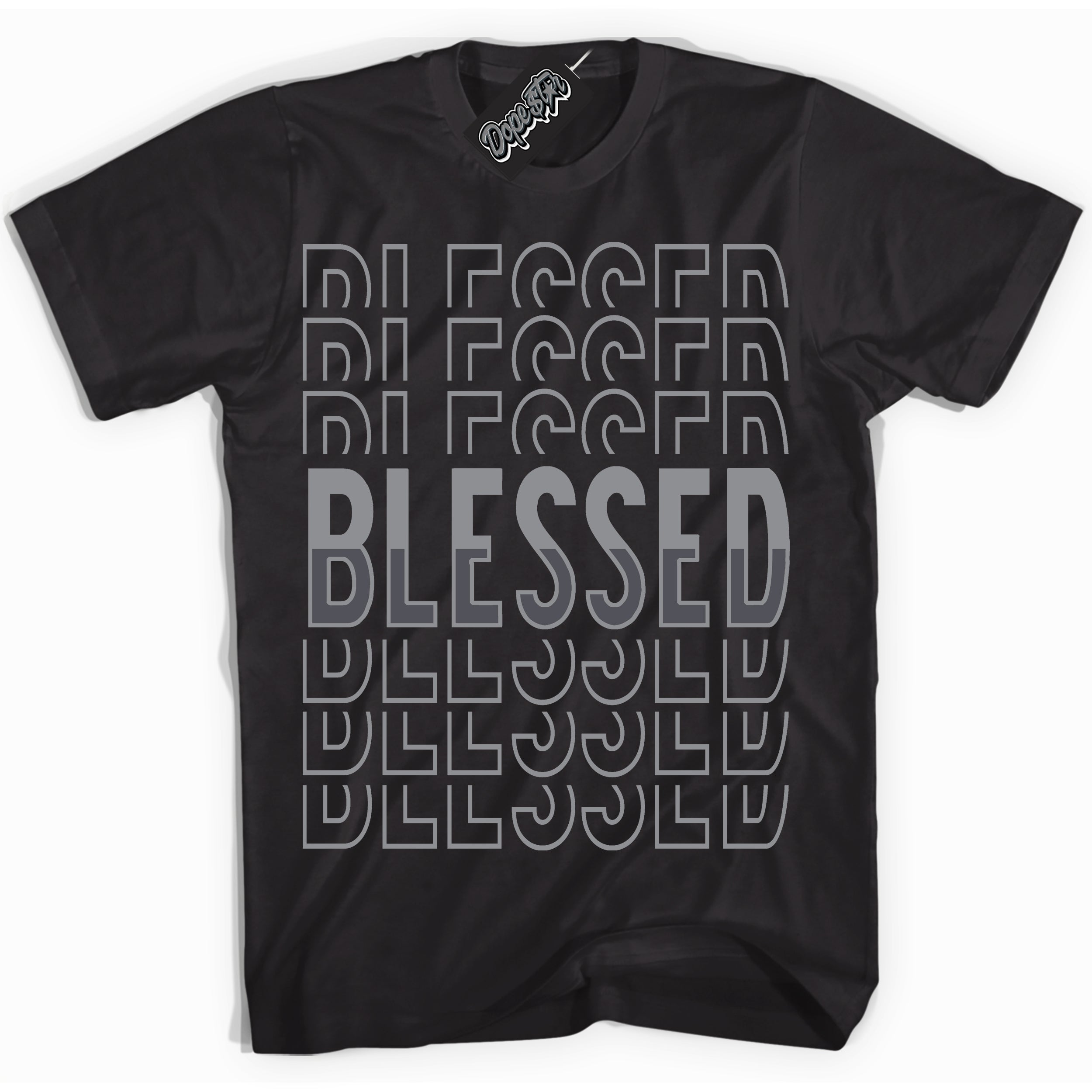 Cool Black Shirt with “ Blessed Stacked ” design that perfectly matches Paris Olympics Wet Cement 4s Jordans.
