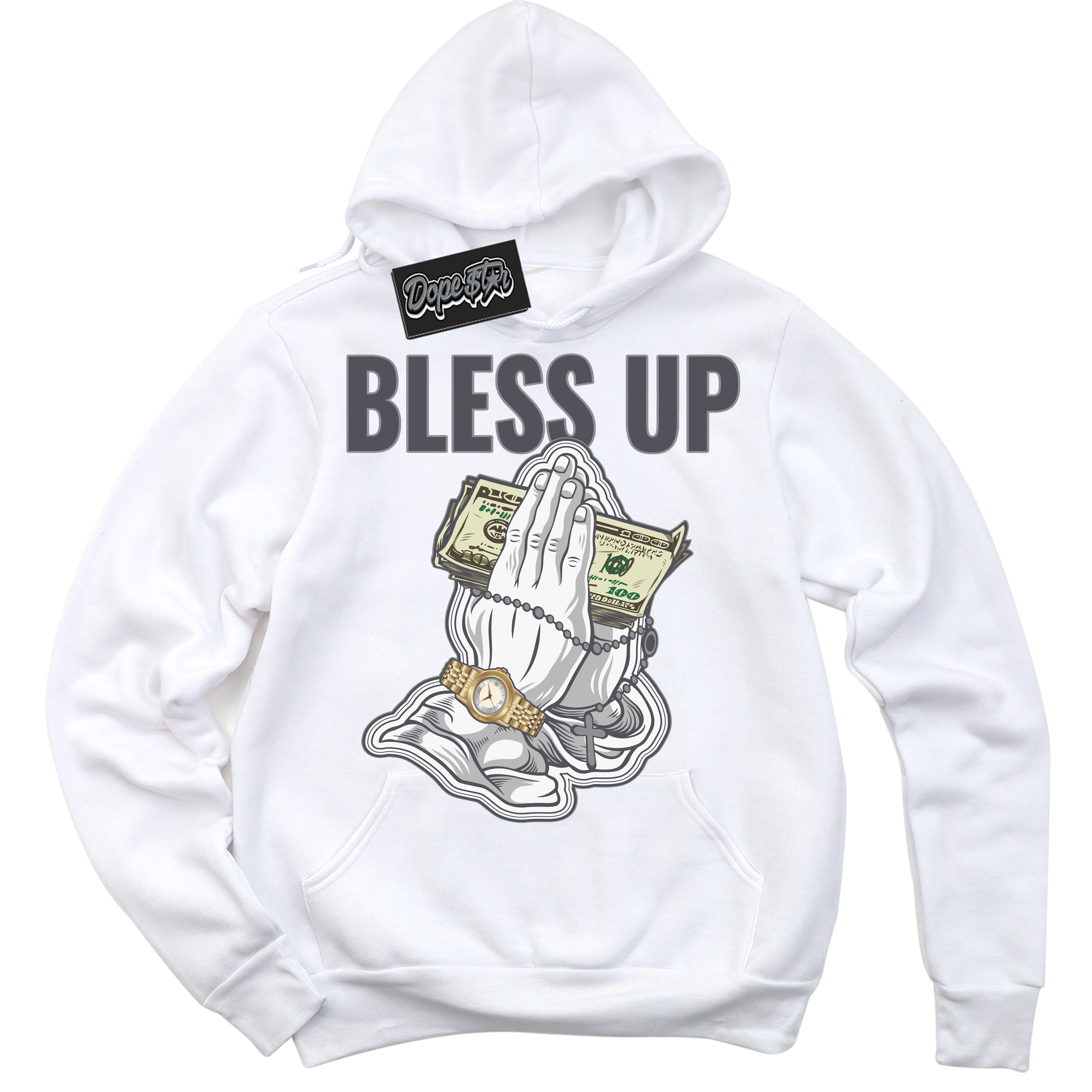 Cool White Hoodie with “ Bless Up ”  design that Perfectly Matches Paris Olympics Wet Cement 4s Jordans.
